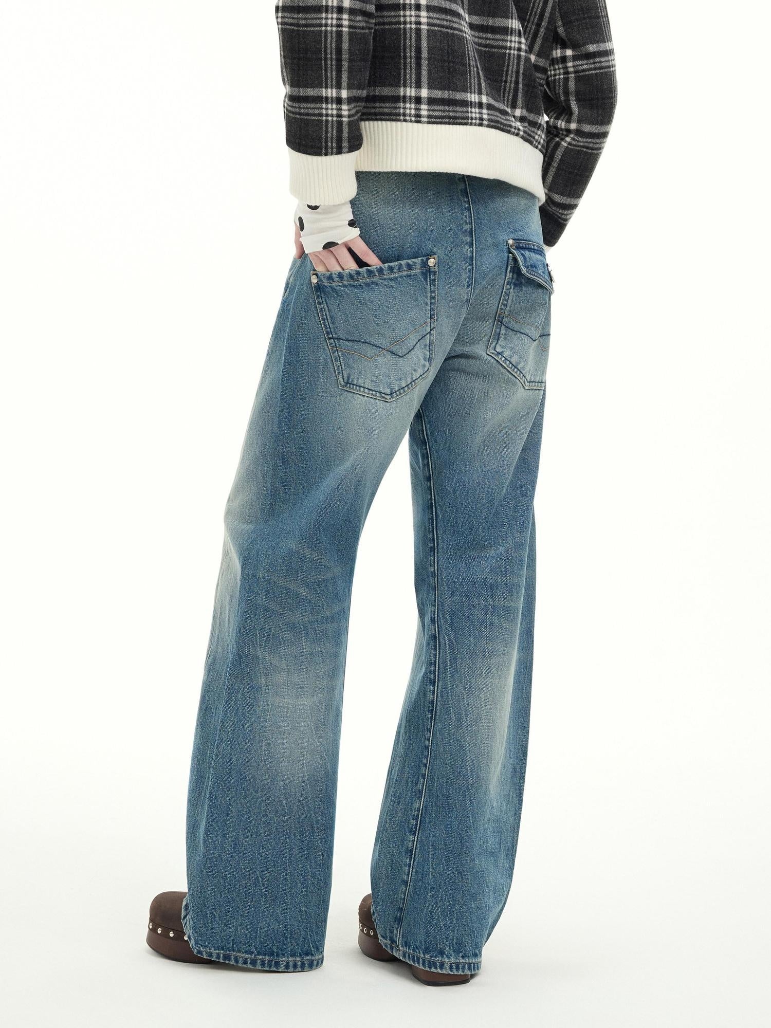 RUN TO THE FUTURE Washed Cotton Casual Natural Waist Topstitch Women Denim Blue Wide-Leg Jeans