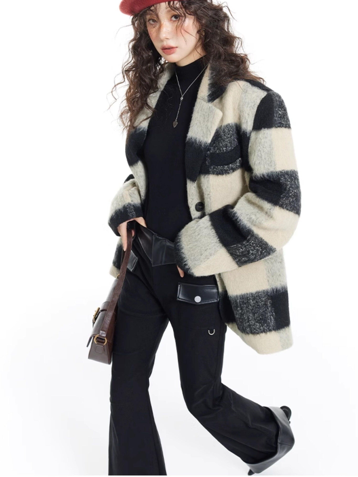 7Shiftin Padded Plaid Stand Collar Korean Commuter Straight Fit Short Coat