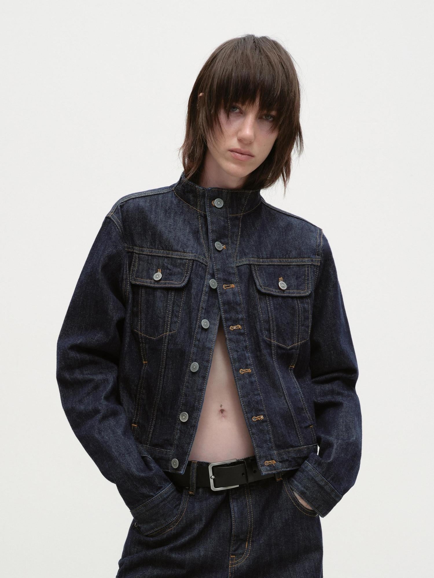 RUN TO THE FUTURE Indigo Two Piece Denim Set Button Jacket Casual Neutral Female Wide-Leg Jeans