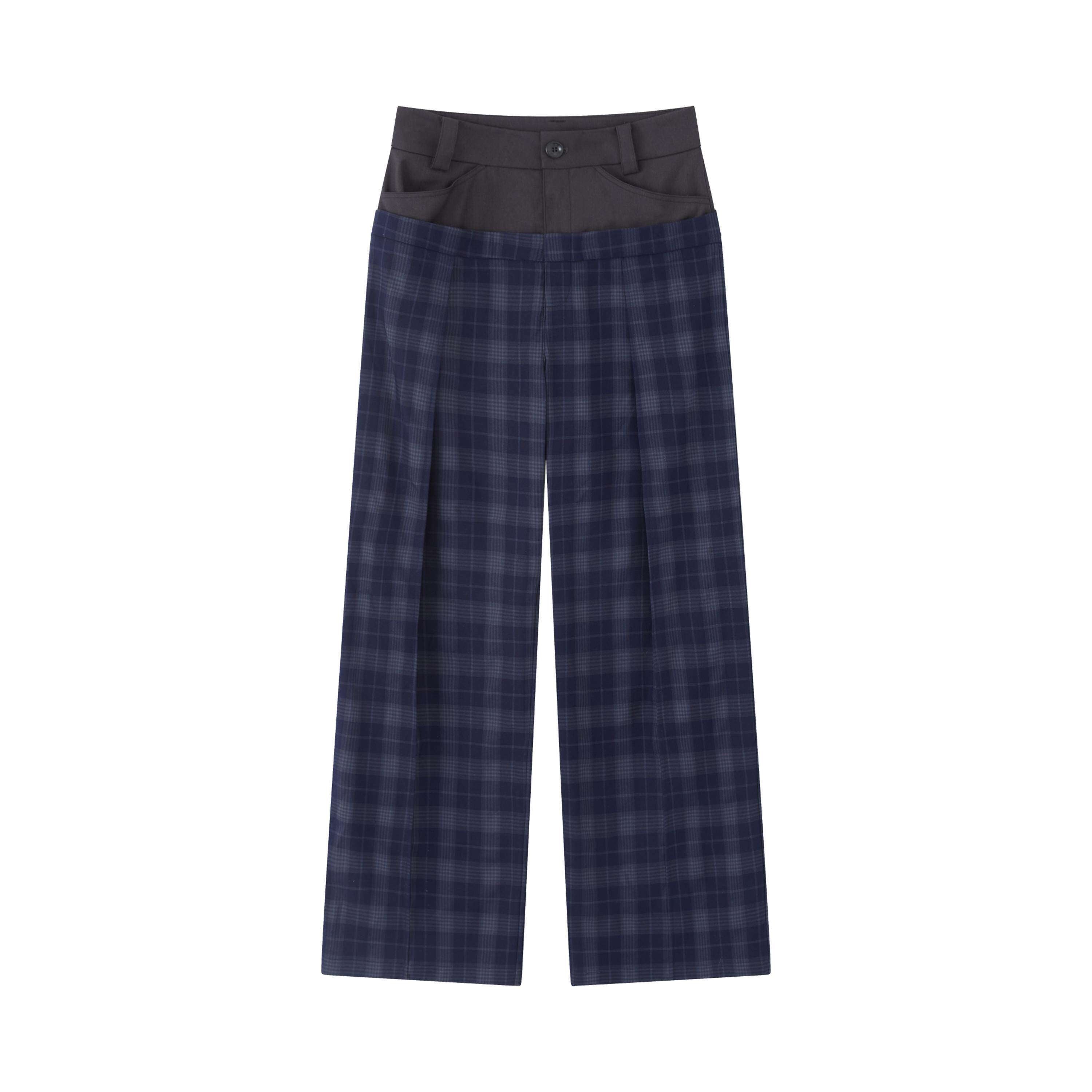 RUN TO THE FUTURE Original Double Waist Pockets Low Rise Wide Leg Women Blue Grey Plaid Chinos