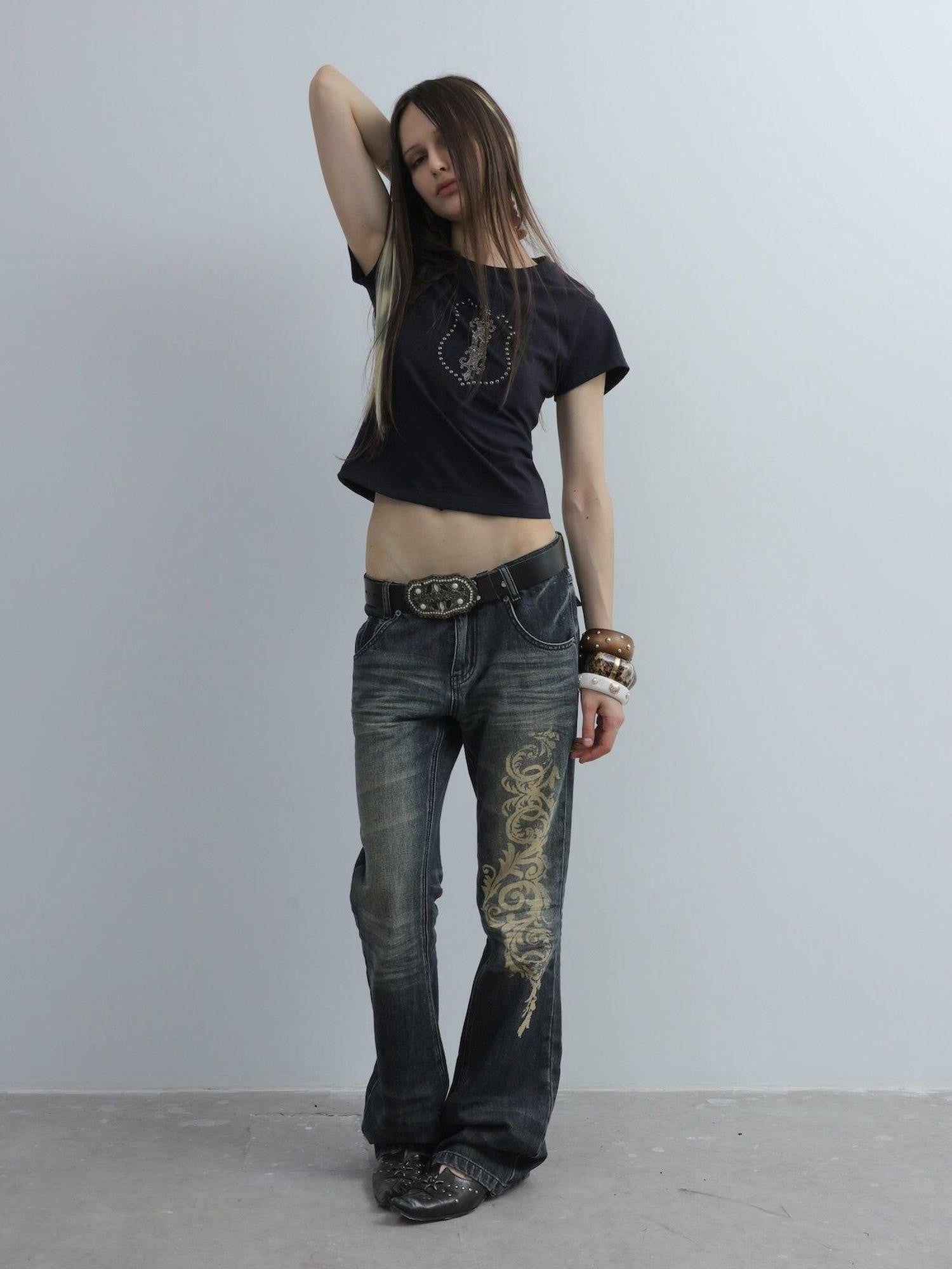 DoublePunch Cropped Hotfix Rhinestone Slim Fit Vintage Women&