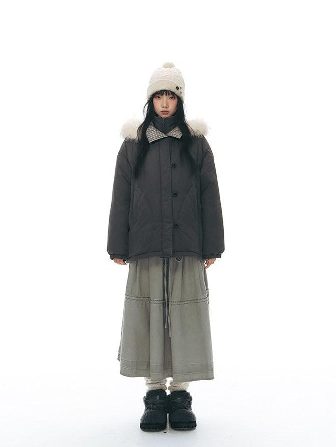 NAPSNAPS White Fur Hooded Double Collar Faux Two Piece Women&