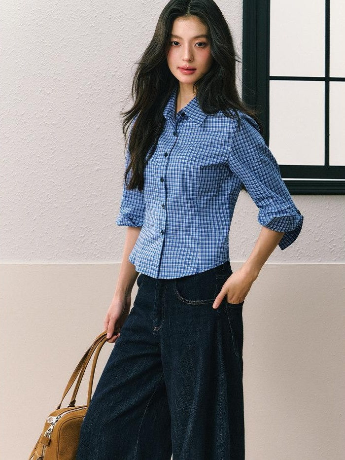 7Shiftin Dark Blue Non Stretch Natural Waist Casual Straight Cut Ladies Wide Leg Jeans