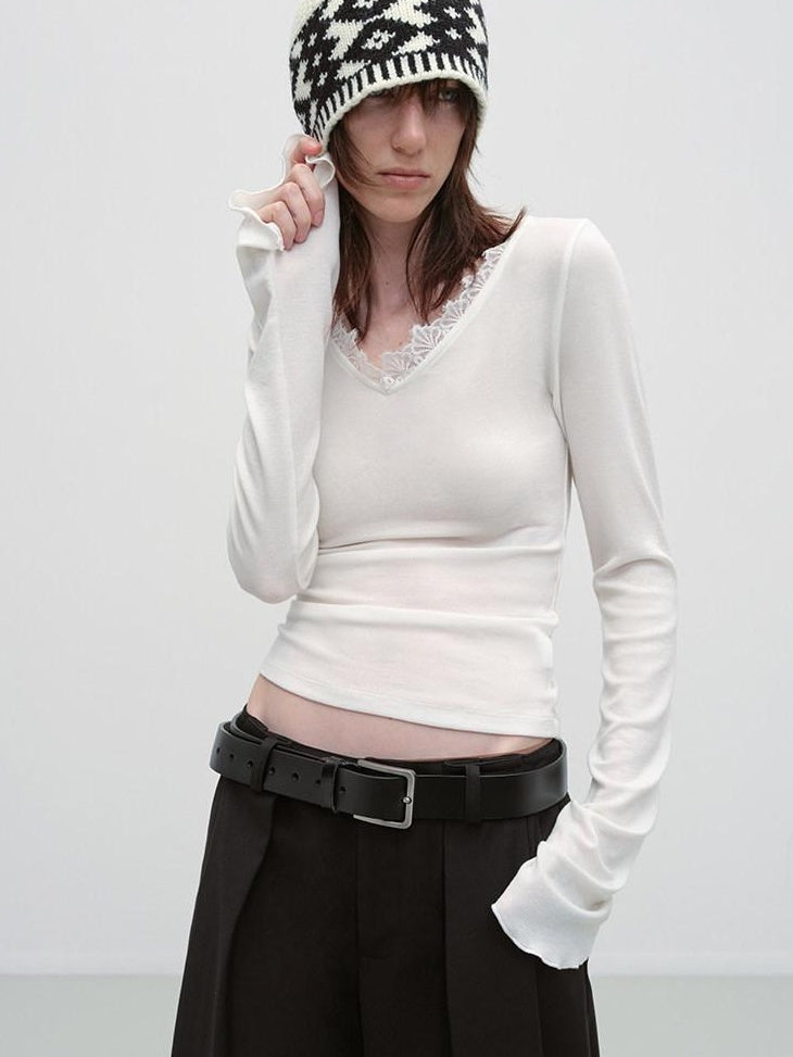 RUN TO THE FUTURE Lyocell Wool Moisture Wicking Slim V-neck Lace Trim Women Long Sleeve T-Shirts