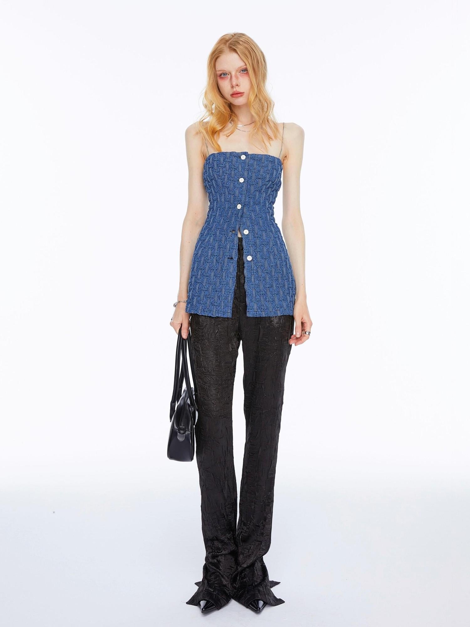 The NeverMore Chain Trim Ruched Button 3D Accent Slim Fit Cotton Blend Women Blue Camisoles