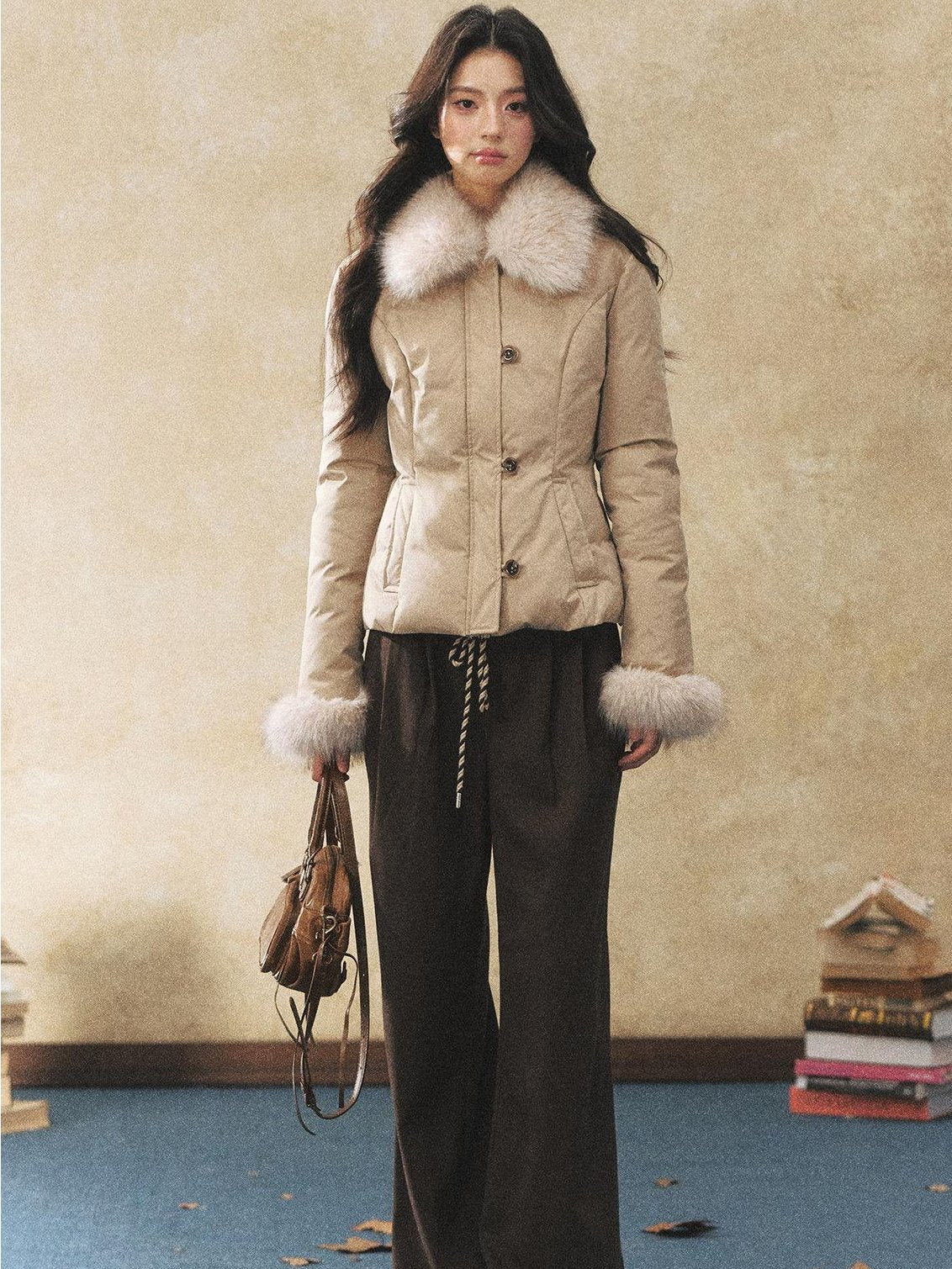 7Shiftin Warm Down Filled Plush Fur Collar Slim Fit Button Cropped Women Knit Sweaters