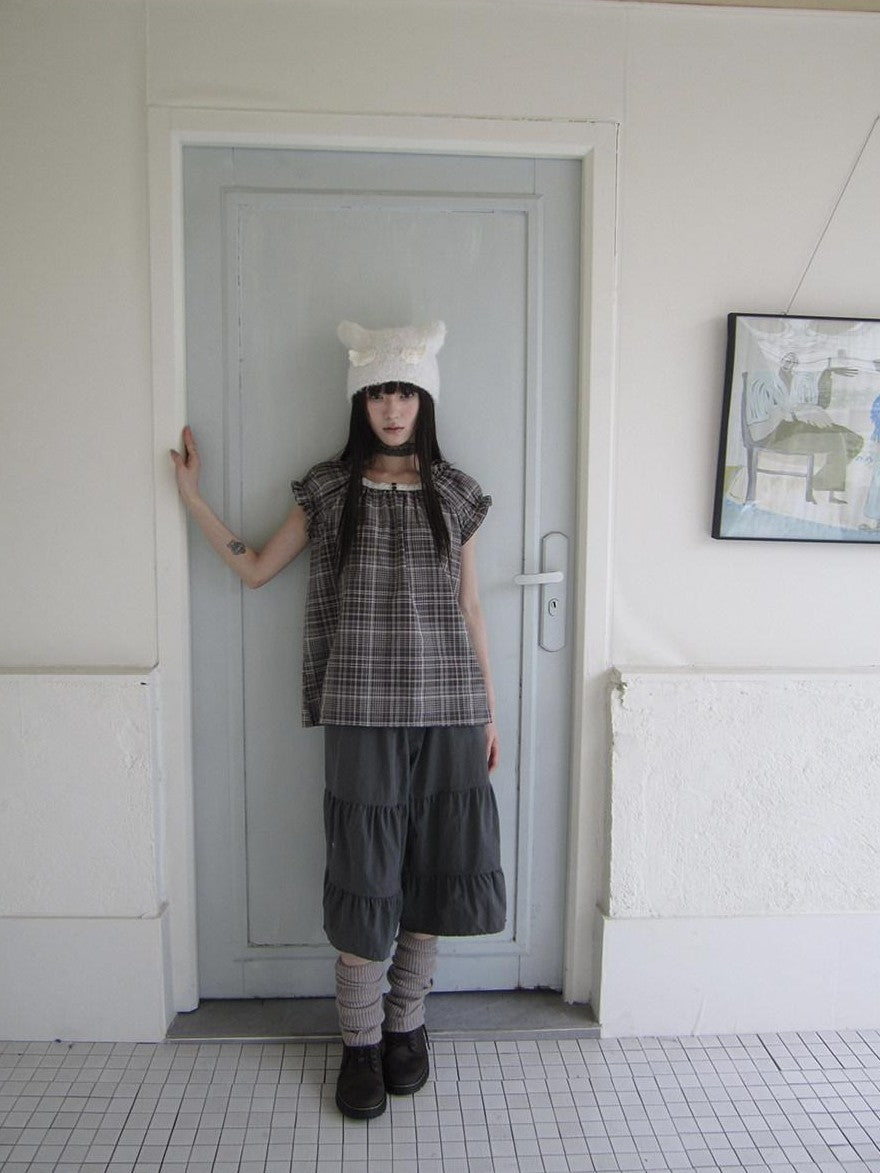 ang project Brown Plaid Patchwork Lace Trim Puff Sleeve Women&