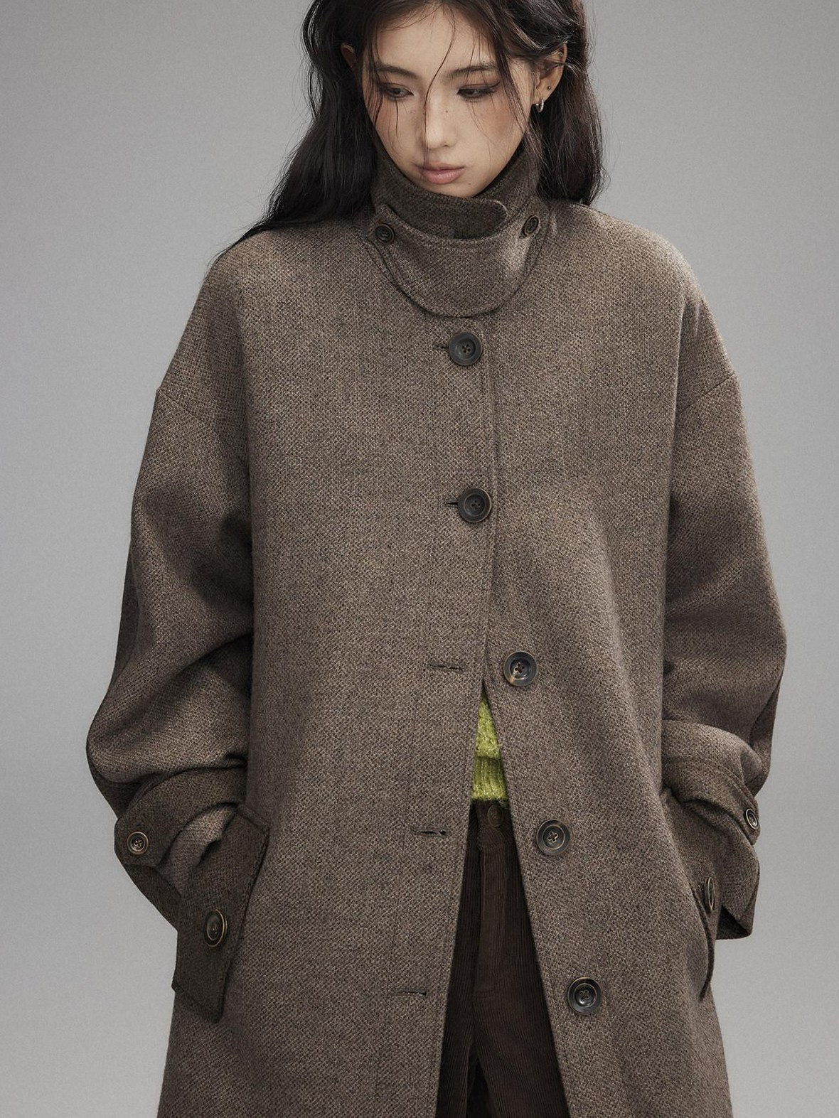 Low pixel Wool Blend Thick Colorblock Oversized Stand Collar Single Breasted Wool Coats
