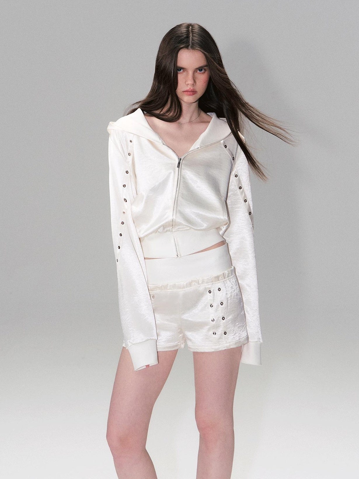 The NeverMore Cozy Cropped Two Piece Set Long Sleeve High Waist Shorts Women Solid Hoodie