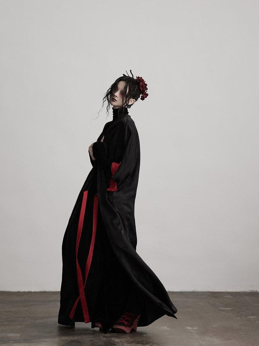 INDULGE Gothic V-neck Viscose Flared Loose Casual Womens Black Trench Coats