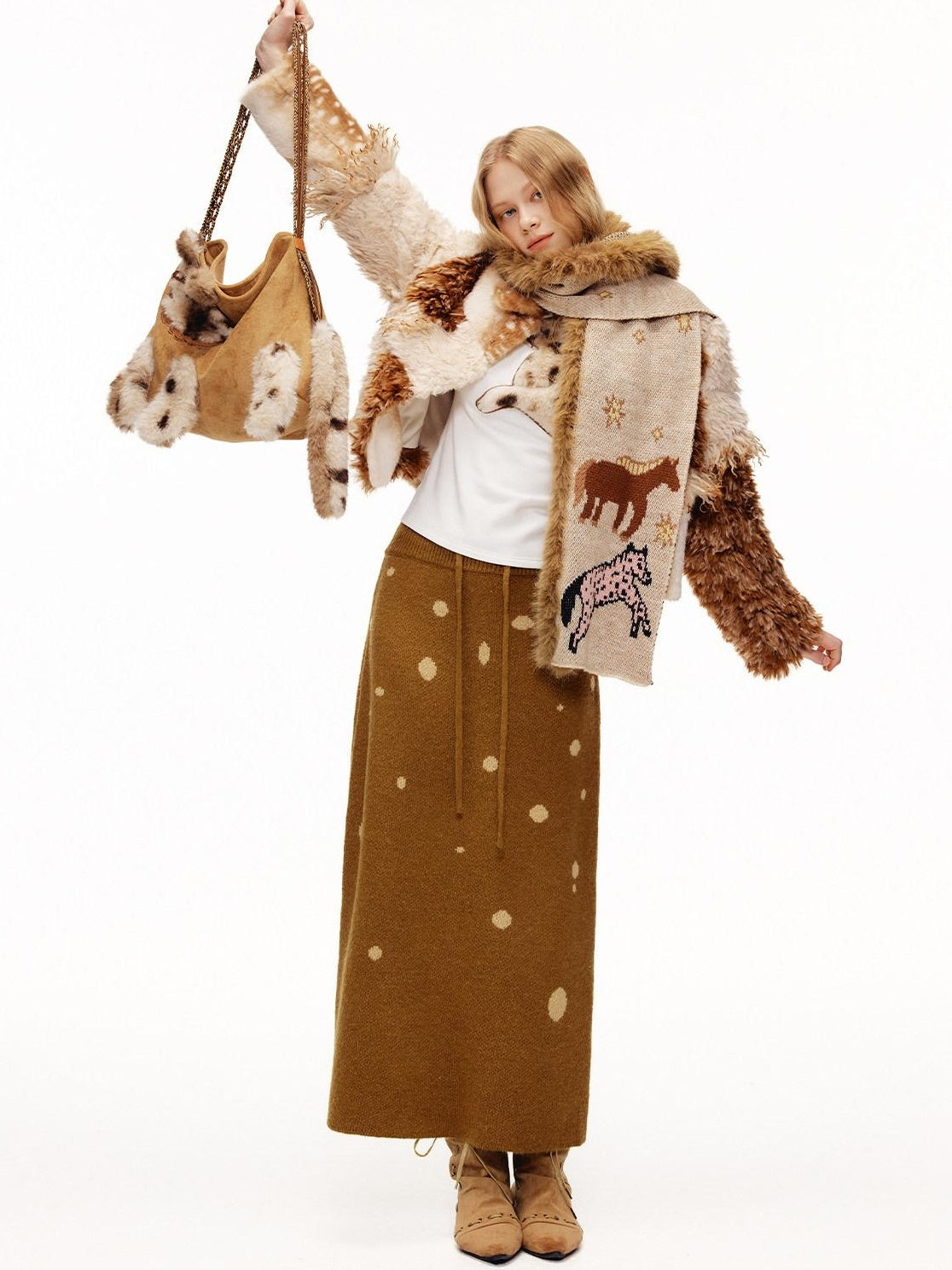 OuttheBlue Cozy Turtleneck Pullover Waist Cinched Casual Animal Print Knit Top & Skirt Sets