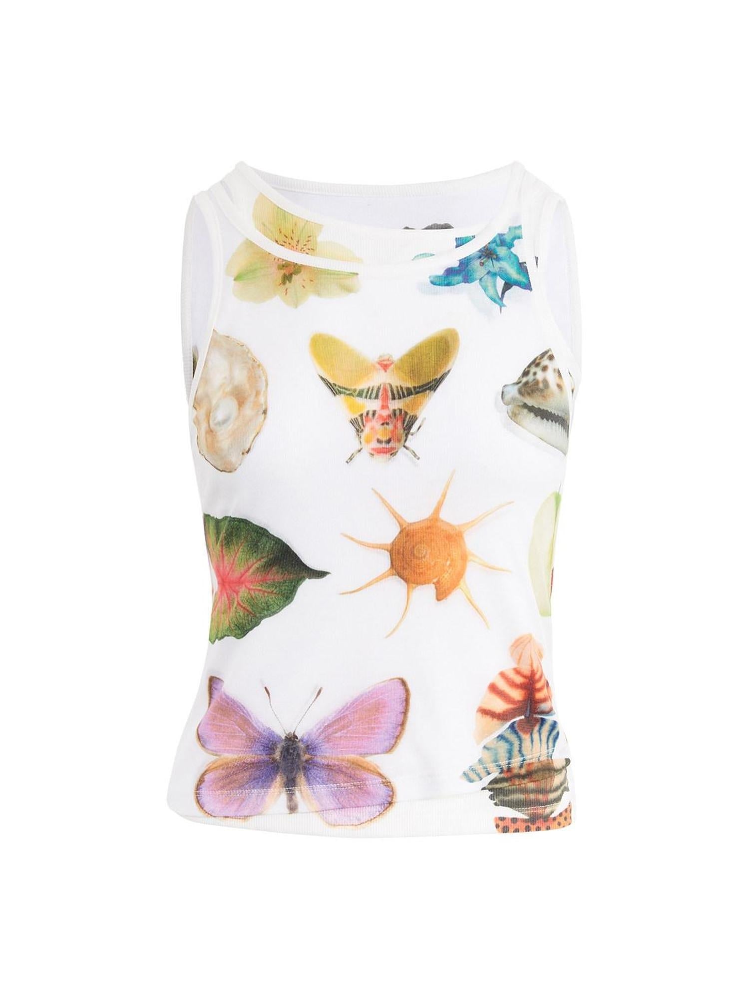 RUN TO THE FUTURE Original Print Asymmetrical Slim Fit Tencel Cropped Animal Women White Tank Tops