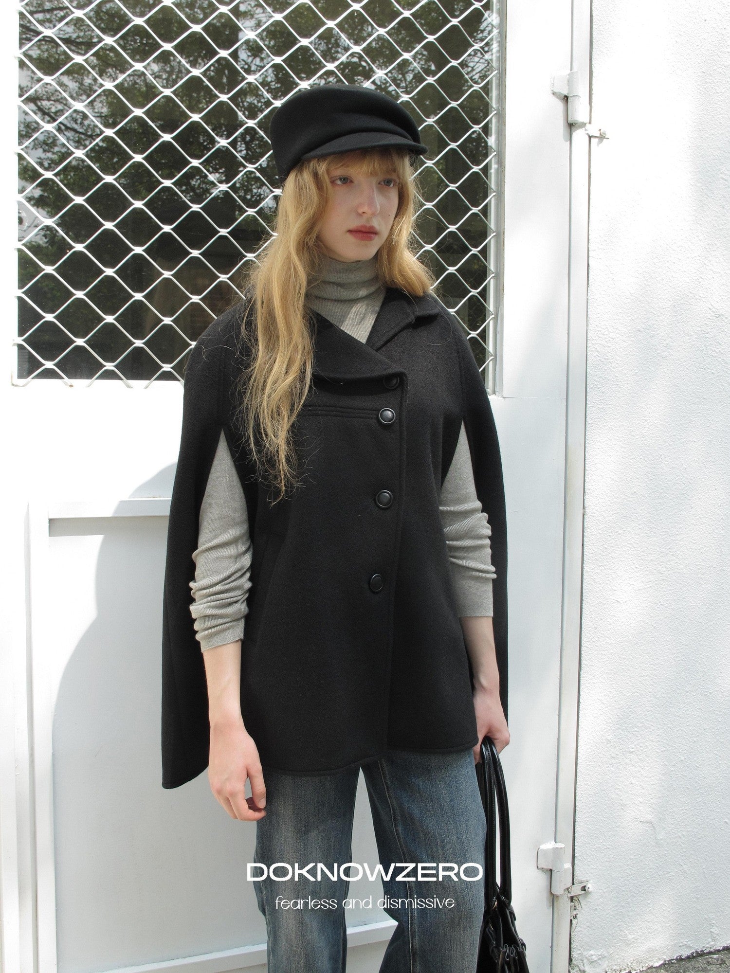 DKZ OFFICIAL Black Bud Collar Cape Double Breasted Women&
