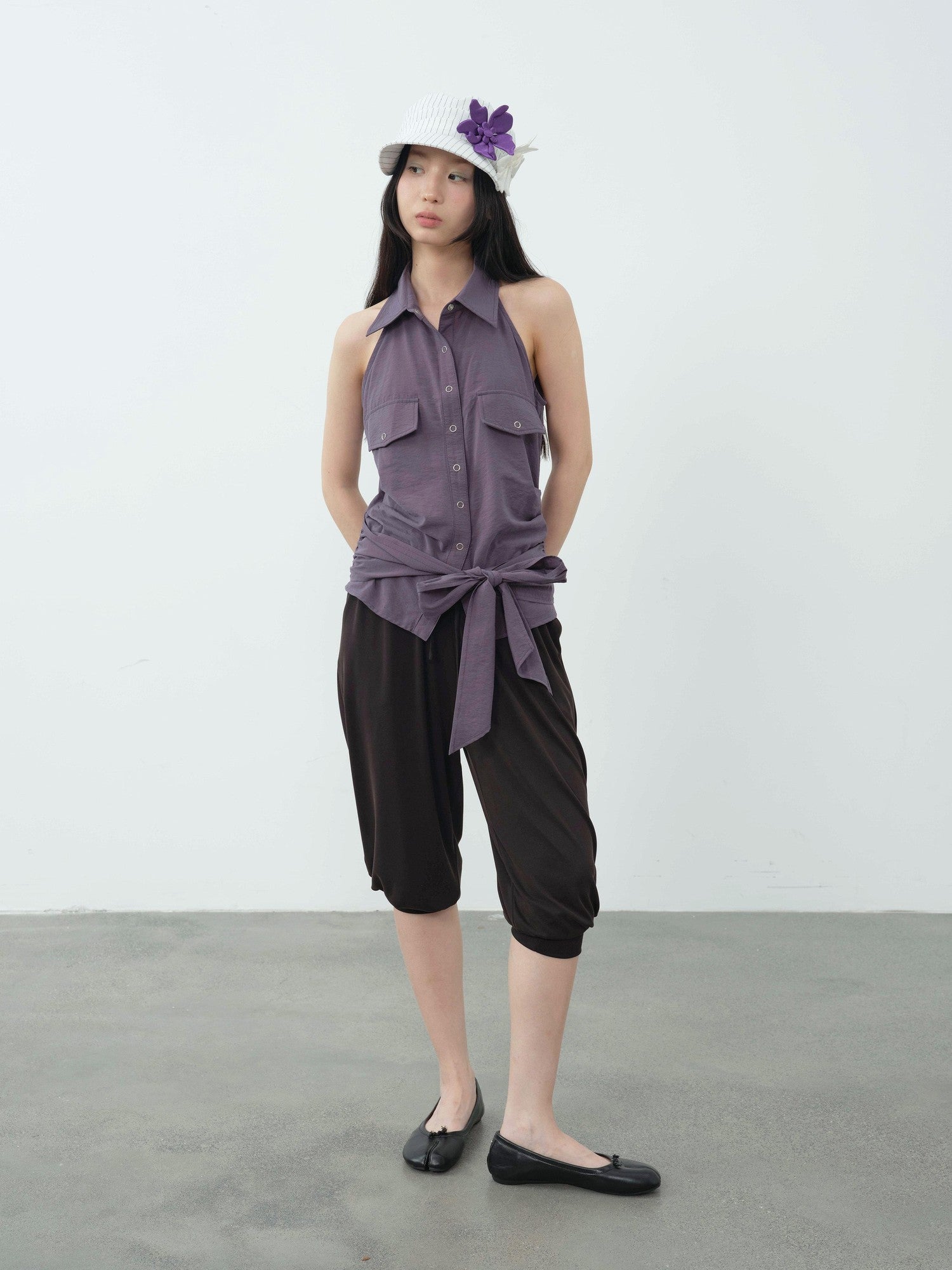 DKZ OFFICIAL Purple Halter Neck Shirt Style Lapel Collar Tie Waist Women&