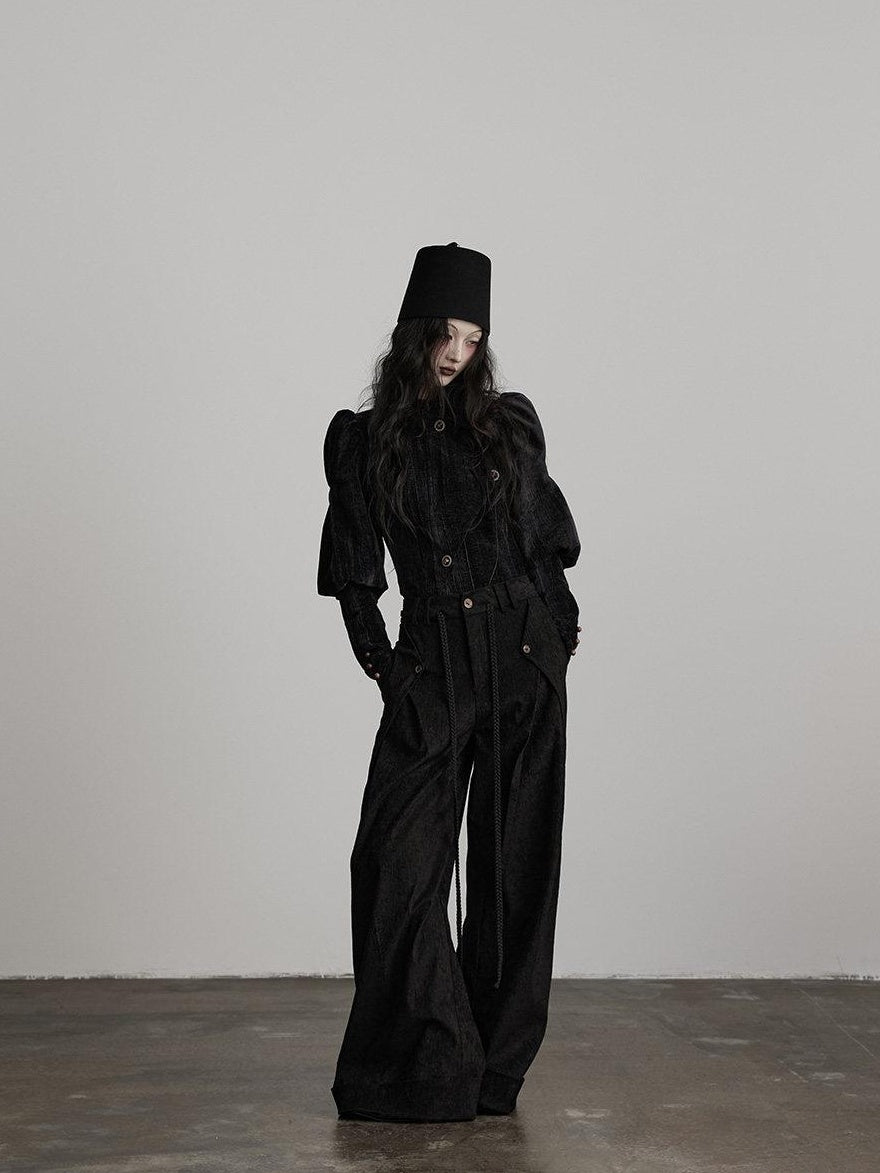 INDULGE Stretchy Waist Cinch Gothic Loose Fit Button Front Women Black Cropped Jackets