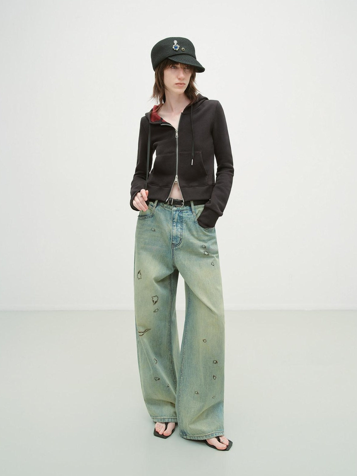 RUN TO THE FUTURE Durable Washed Low Rise Asymmetrical Vintage Unisex Printed Denim Wide-Leg Jeans