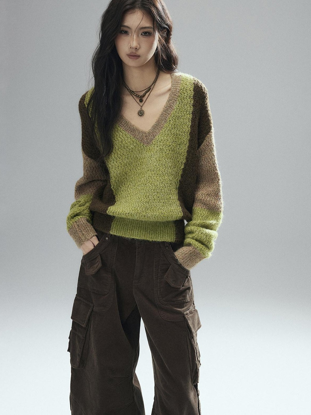 Low pixel Thick Sheep Wool Patchwork Streetwear Loose Fit V-neck Pullover Youth Sweaters