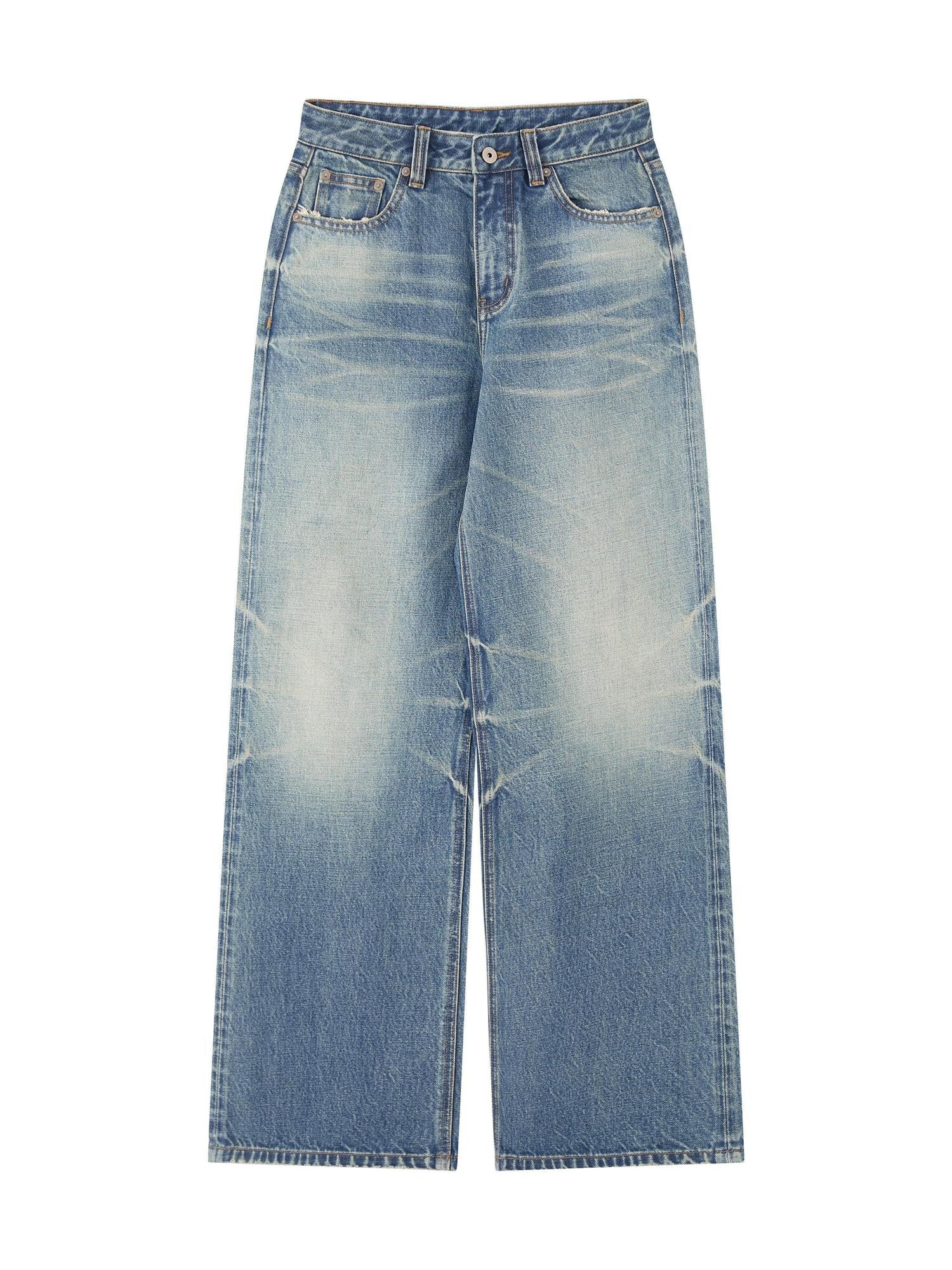 RUN TO THE FUTURE Washed Vintage Blue Low Rise Loose Fit Unisex High Cotton Denim Straight Jeans