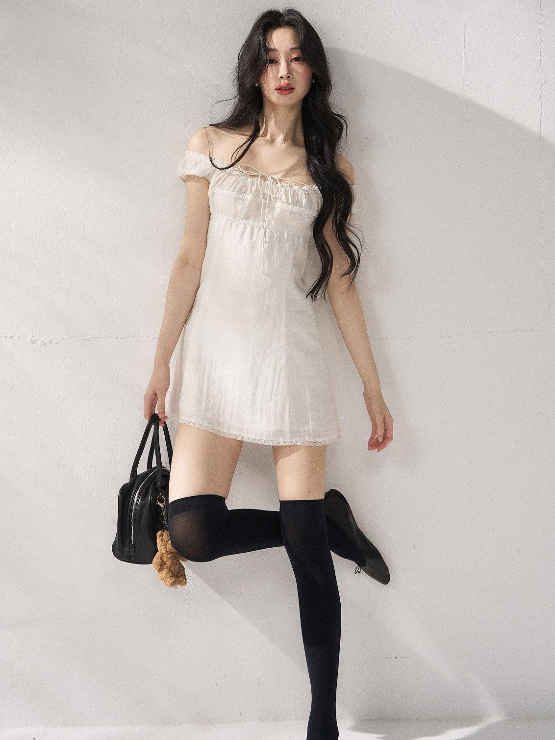 7Shiftin Cinched Tie Waist Minimalist Sleeveless A Line Women White Mini Dresses