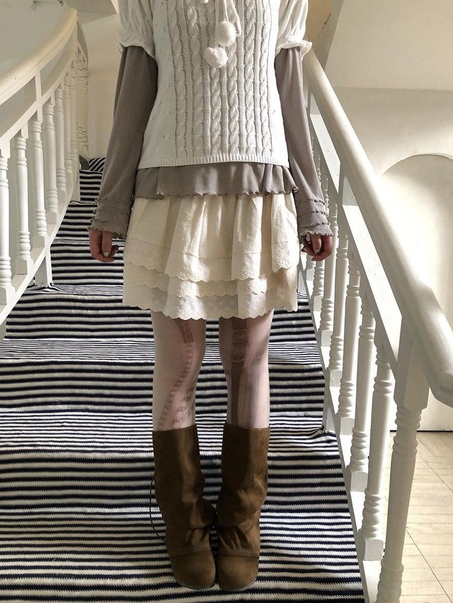 ang project Light Apricot Lace Spliced Embroidered High Waist Elastic A Line Women&