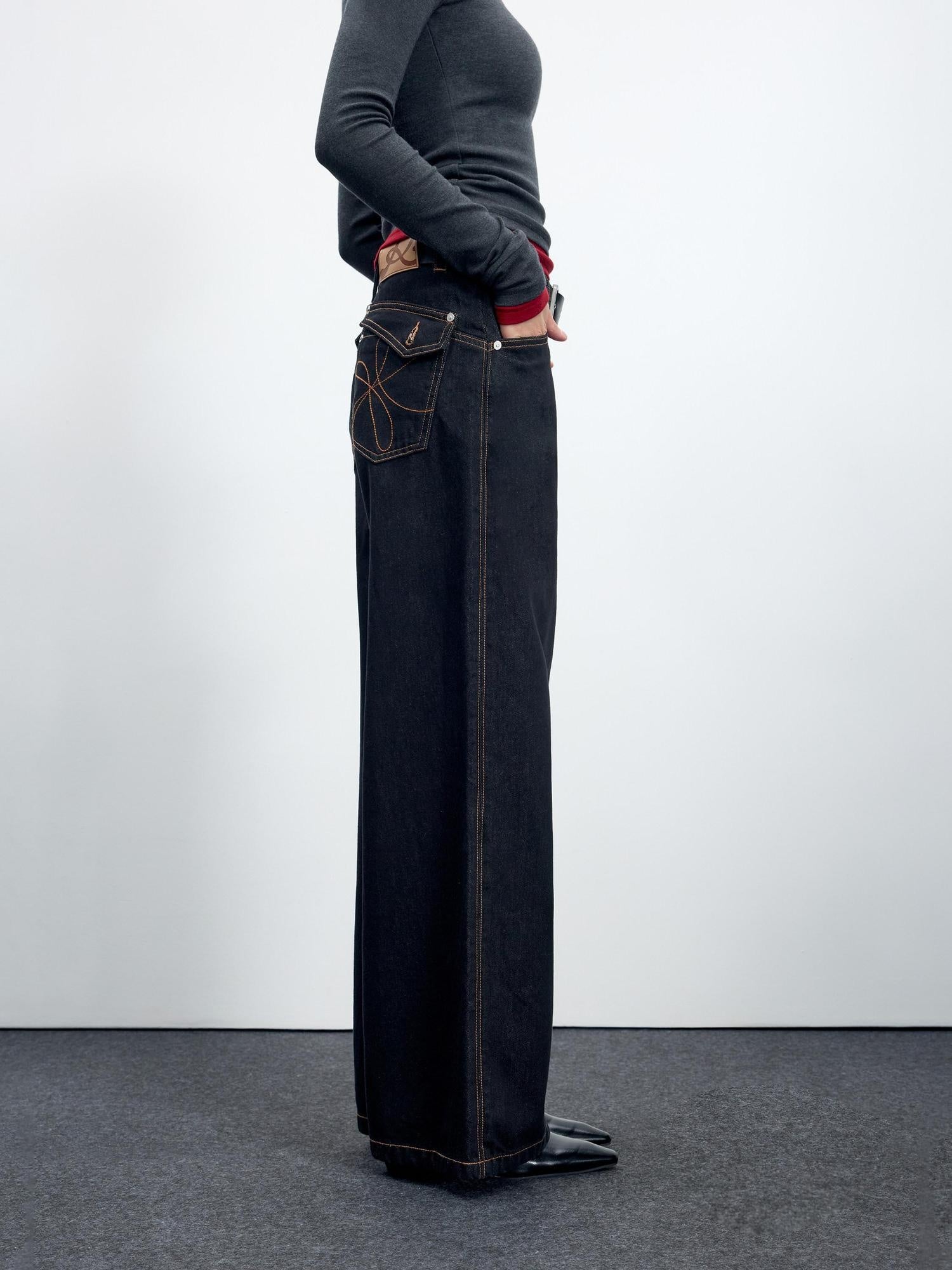 RUN TO THE FUTURE Casual Relaxed Dark Wash Cotton Natural Waist Zip Fly Denim Straight Jeans