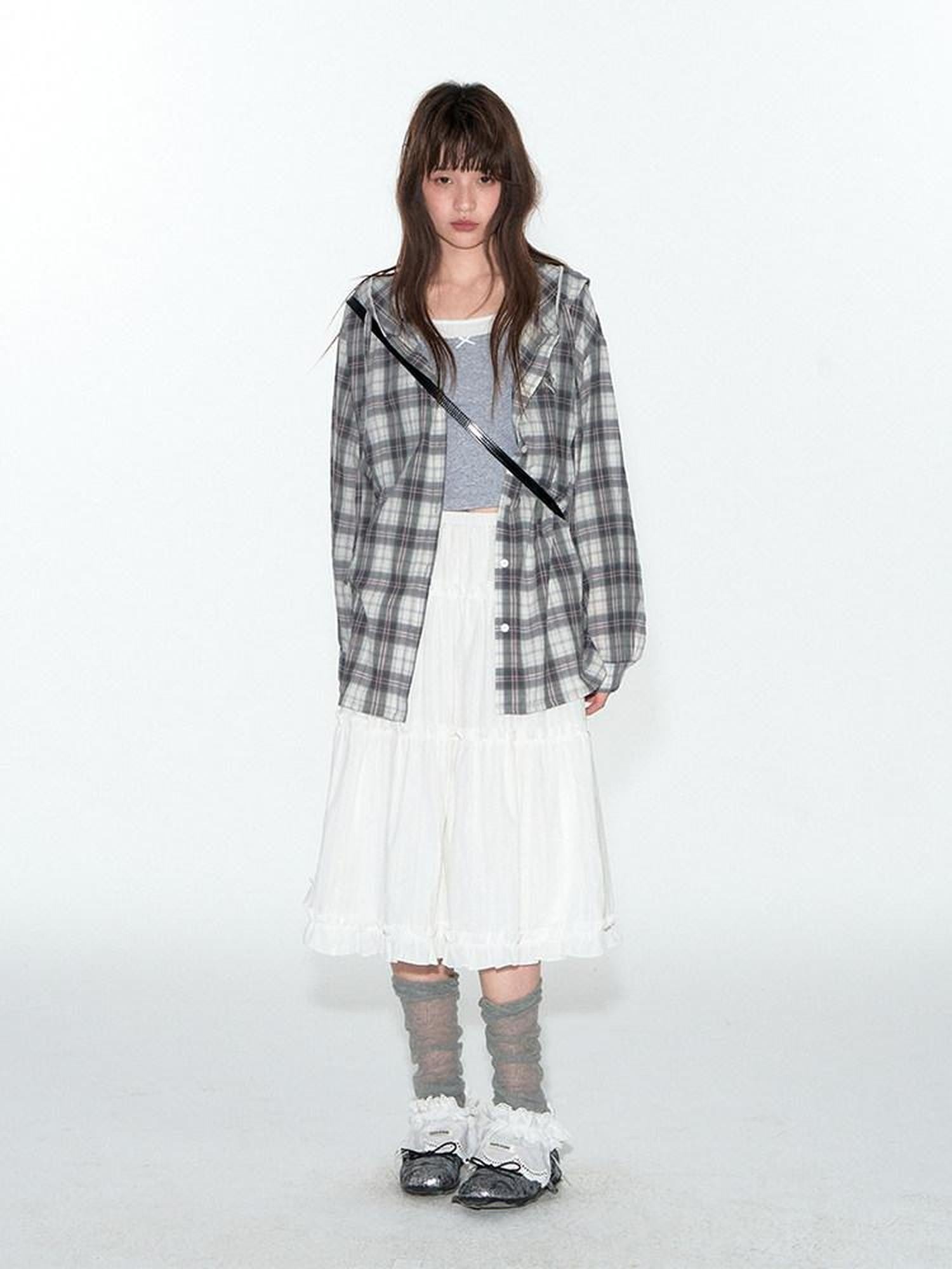 NAPSNAPS Blue Plaid Ruffle Hem High Waist Pleated Patchwork Women&