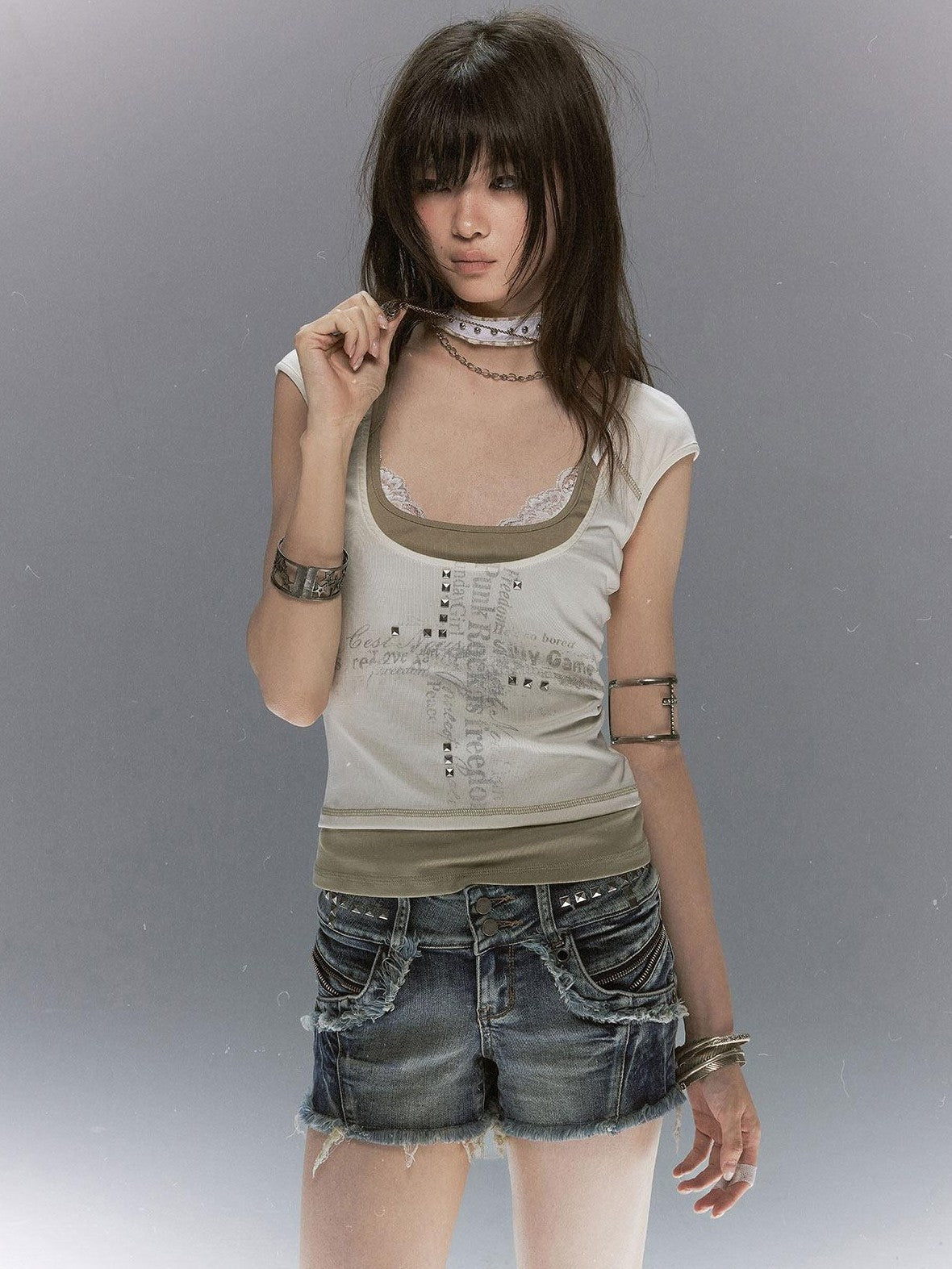 Cest Nous Colorblock Faux Layered Silver Foil Cross Graffiti Women&