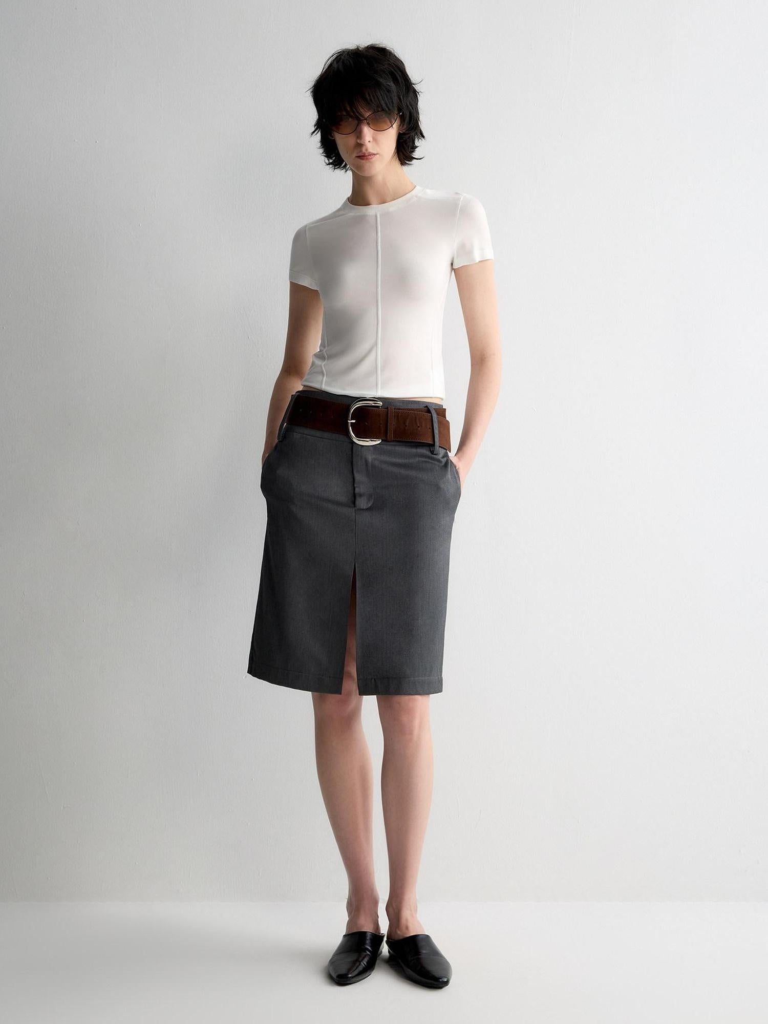 RUN TO THE FUTURE Lined Wool Blend Low Waist Pockets Vintage Office H Silhouette Midi Skirts