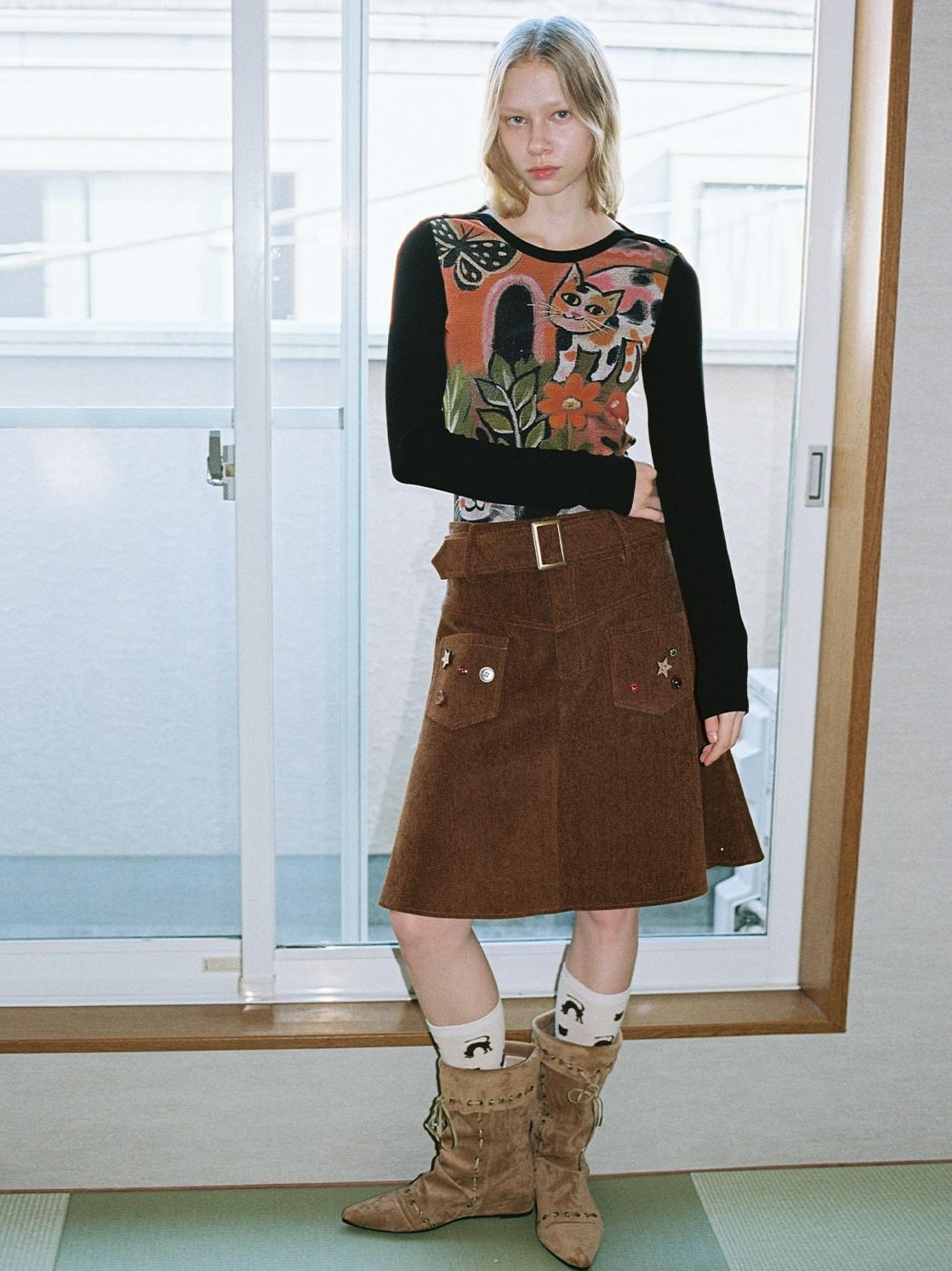 OuttheBlue Handsewn Embroidery Minimalist A Line Mid Waist Caramel Polyester Midi Skirts