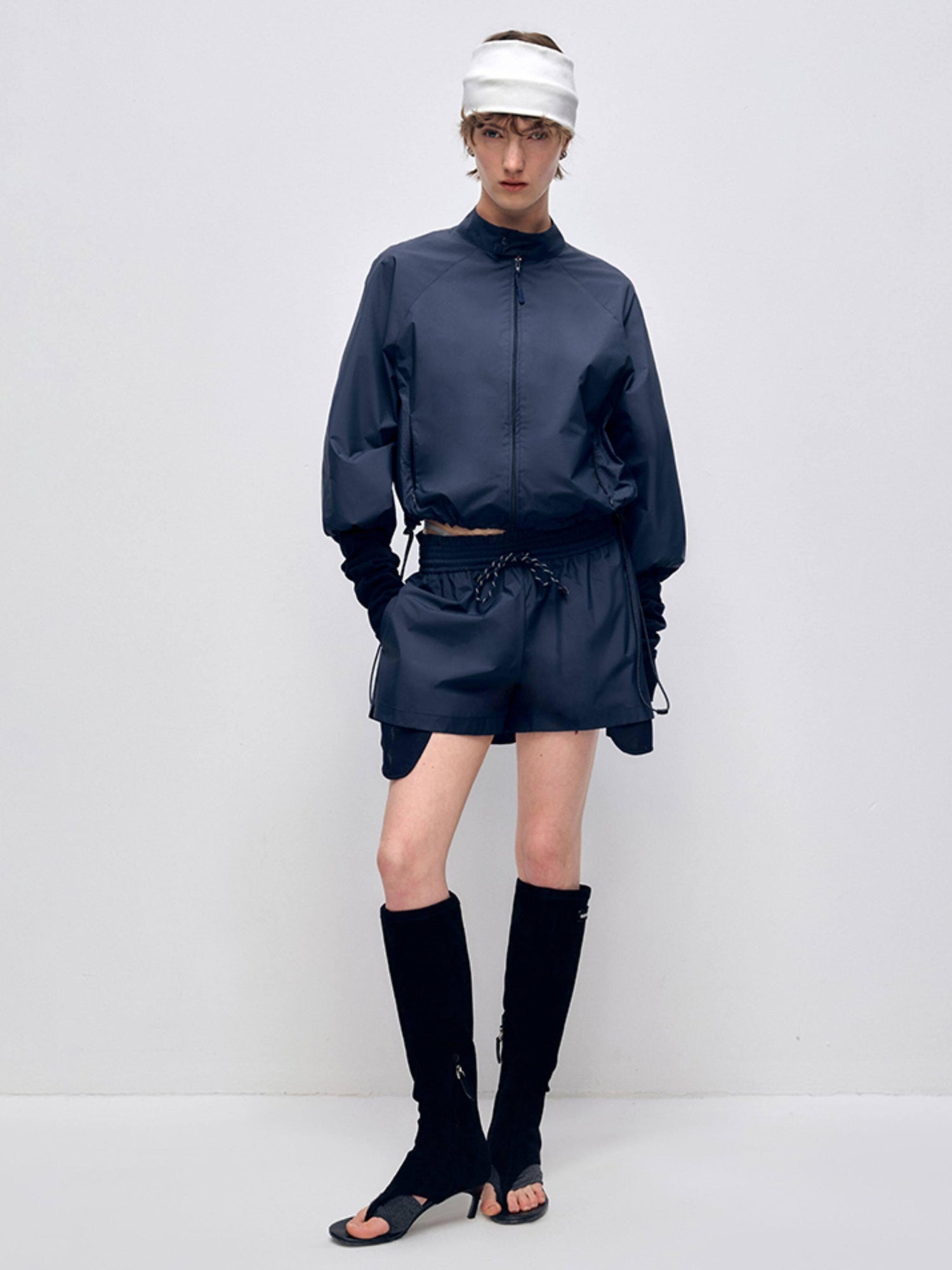 RUN TO THE FUTURE Polyester Two Piece Zip Stand Collar Casual Women Navy Green Short Trousers