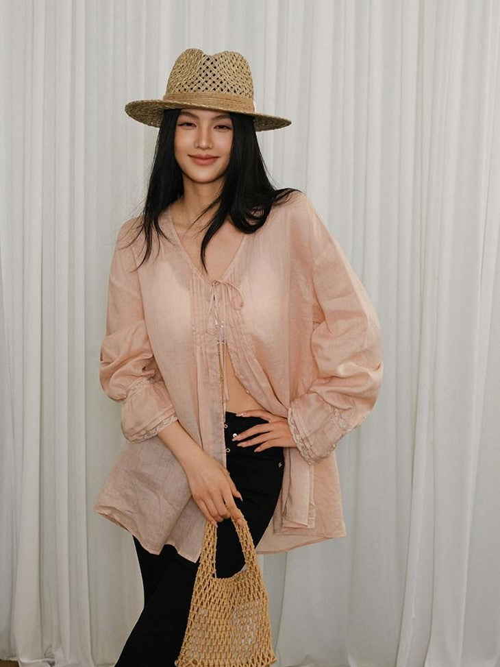 FU FRESH UP French Lace Tie Woven Long Sleeve Loose Mid Length Women&