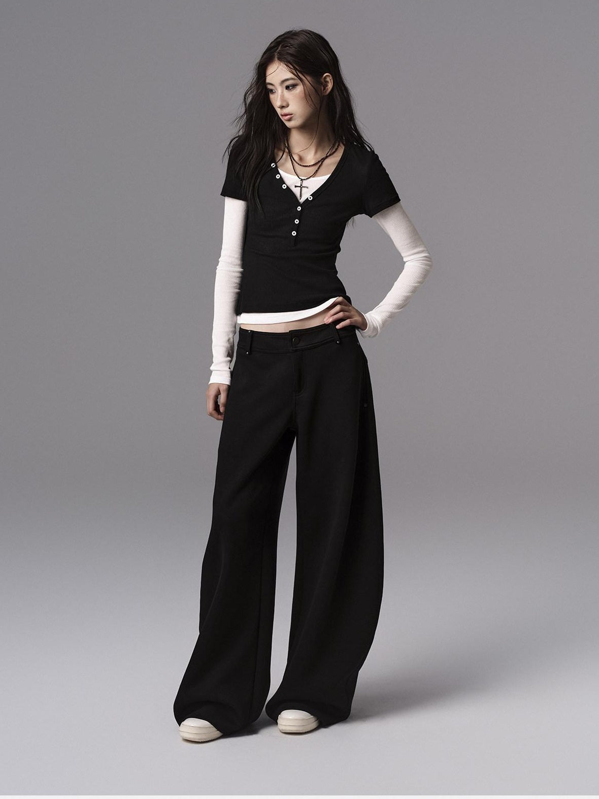 Low pixel Low Waist Dark Minimal Curved Button Fly Black Women Rayon Wide Leg Pants