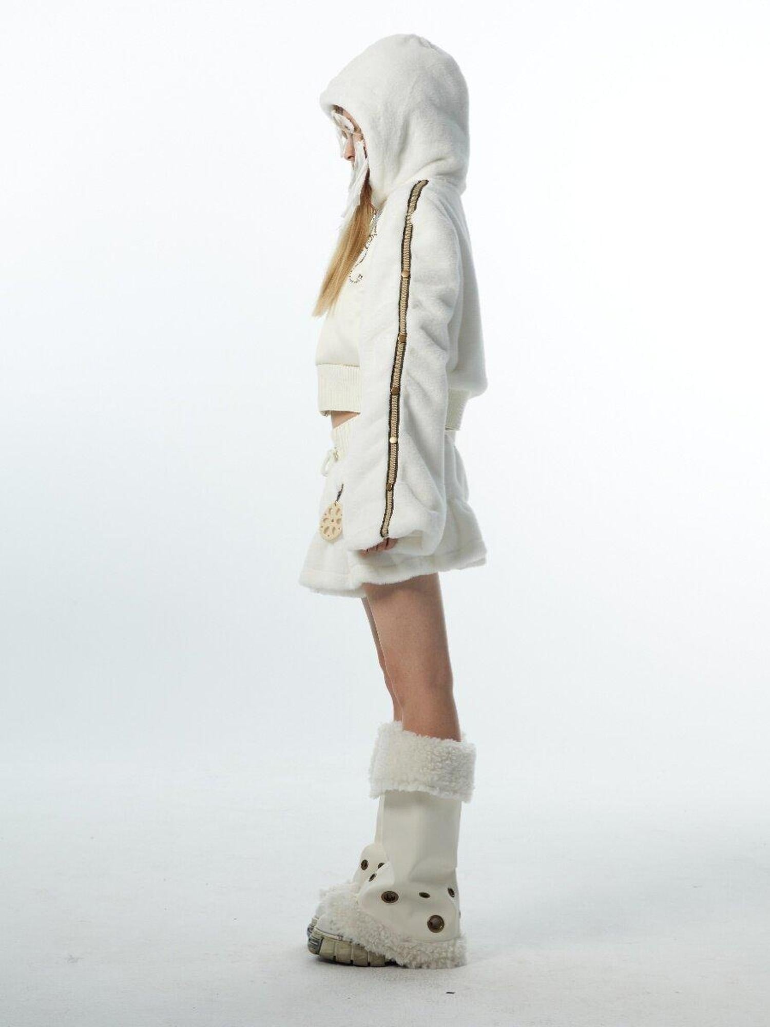 nit alcove Original Design Thick Faux Fleece Loose Cropped Bell Sleeve Unisex White Hoodie
