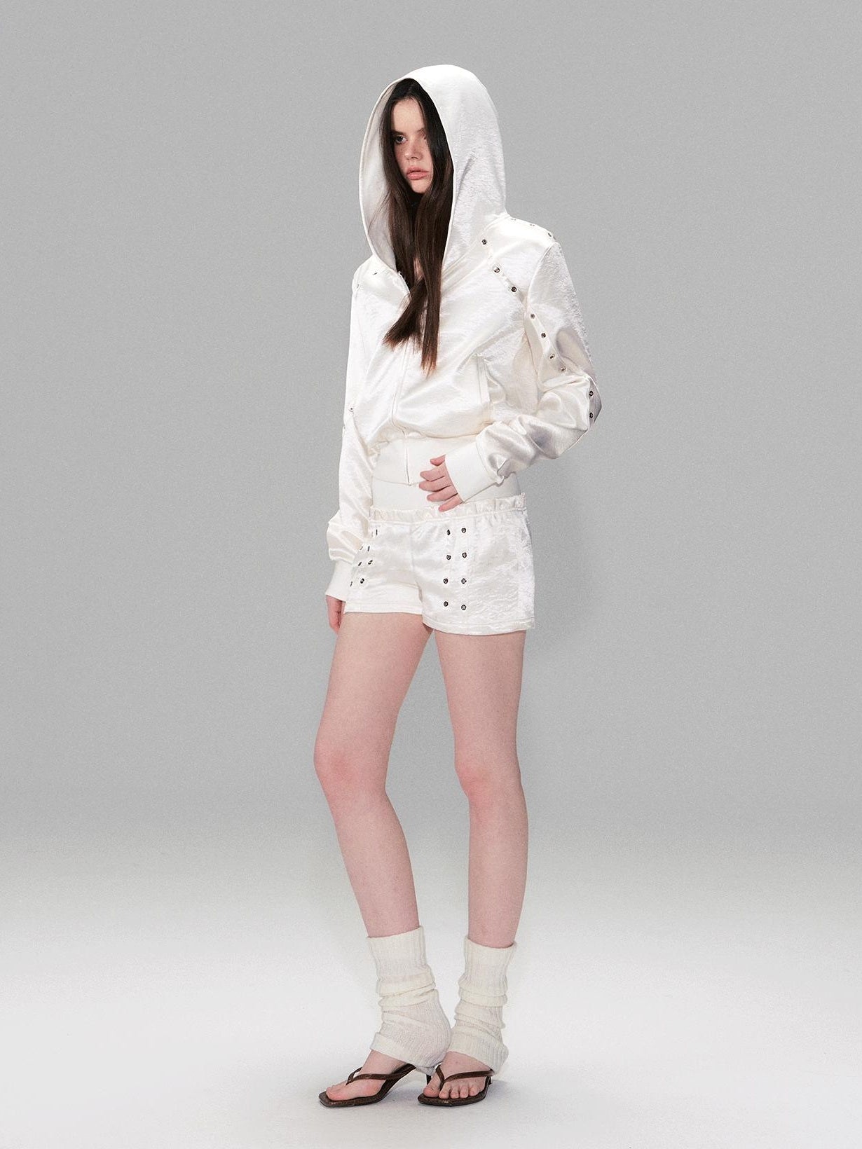 The NeverMore Cozy Cropped Two Piece Set Long Sleeve High Waist Shorts Women Solid Hoodie