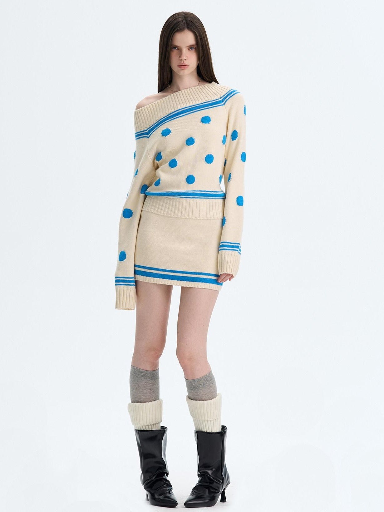 The NeverMore Cozy Thermal Acrylic Wool Polka Dot Boat Neck Relaxed Women Knit Sweaters