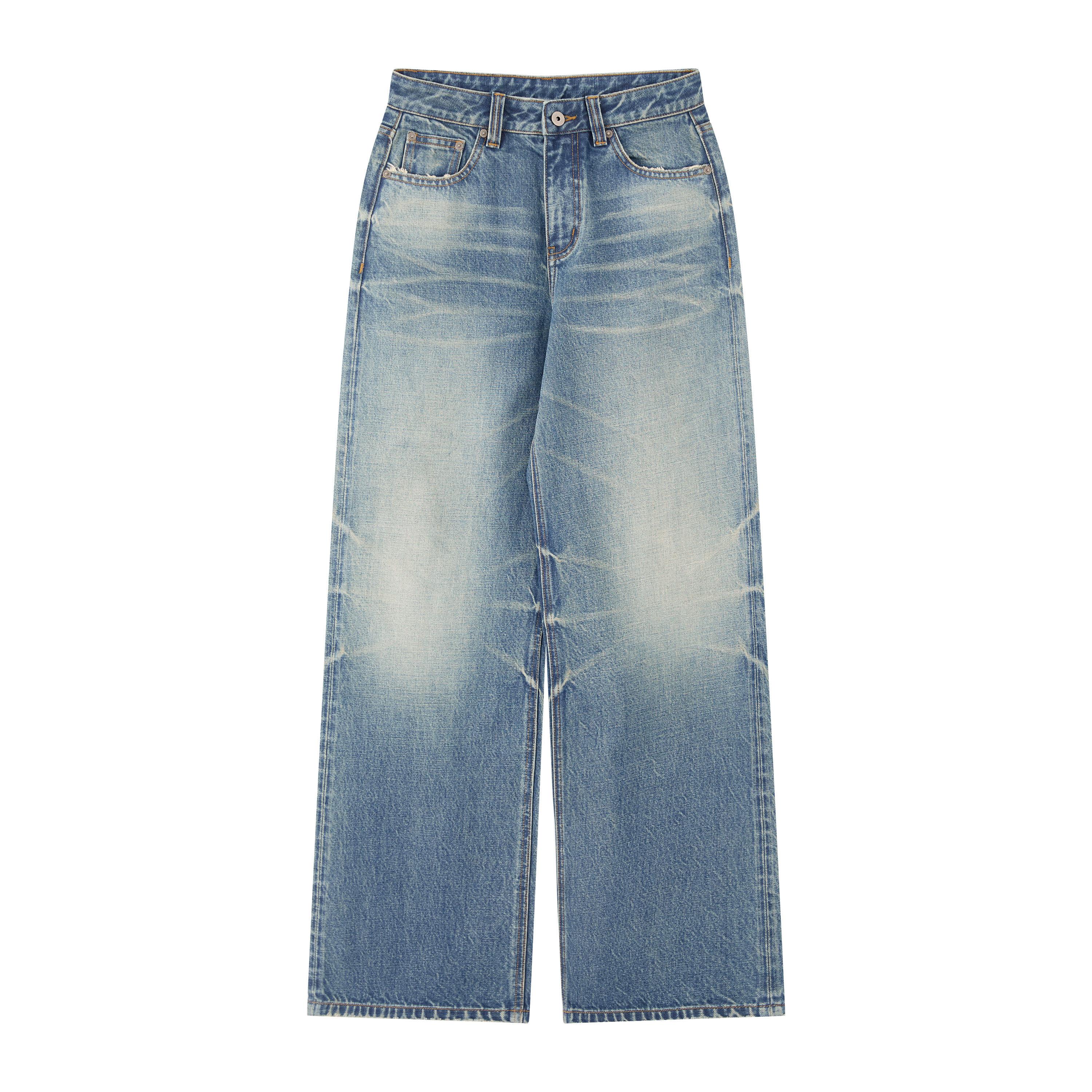 RUN TO THE FUTURE Washed Vintage Blue Low Rise Loose Fit Unisex High Cotton Denim Straight Jeans