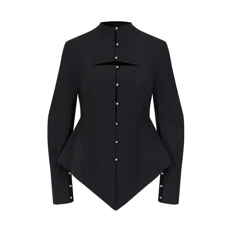 AnnoMundi_Waist_Cinch_Fitted_Casual_Long_Sleeve_Stand_Collar_Cotton_Blend_Women_Blouses_MISSTT