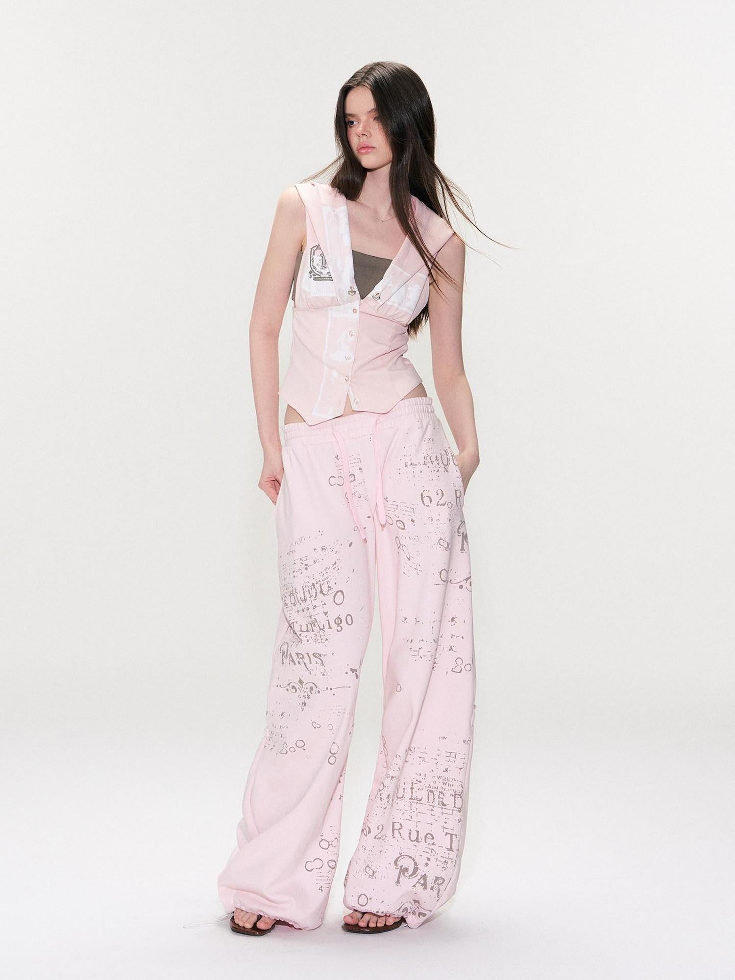 The NeverMore Soft Cotton Letter Print Natural Waist American Style Women Wide Leg Pants