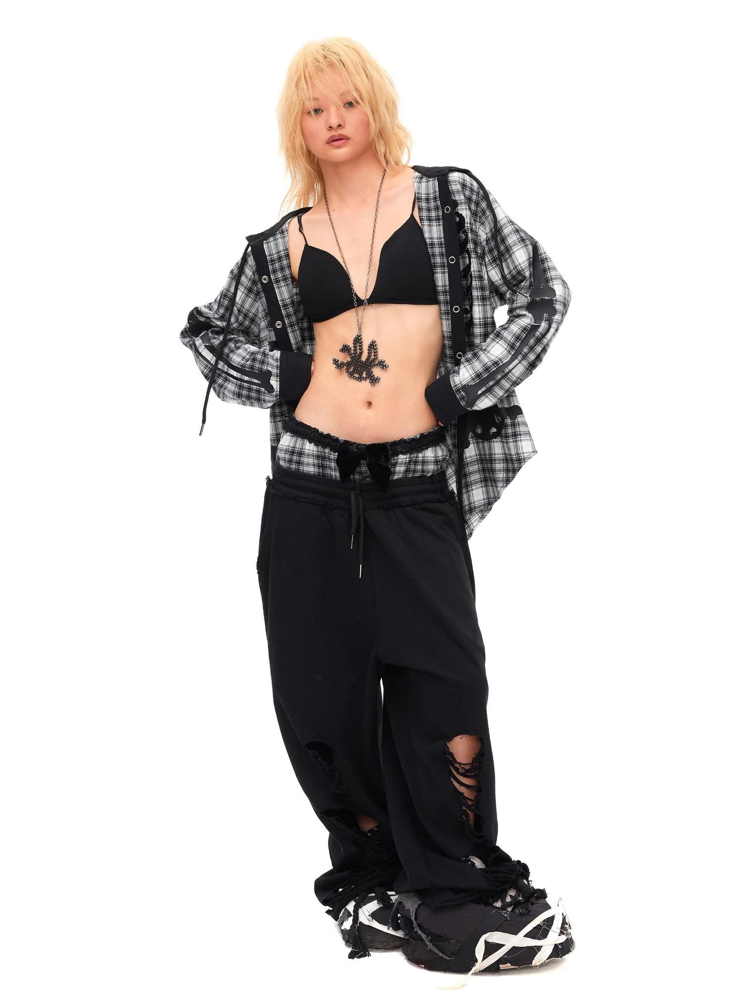 CFIERCE Velvet Bow Asymmetrical Distressed Faux Two Piece Women&
