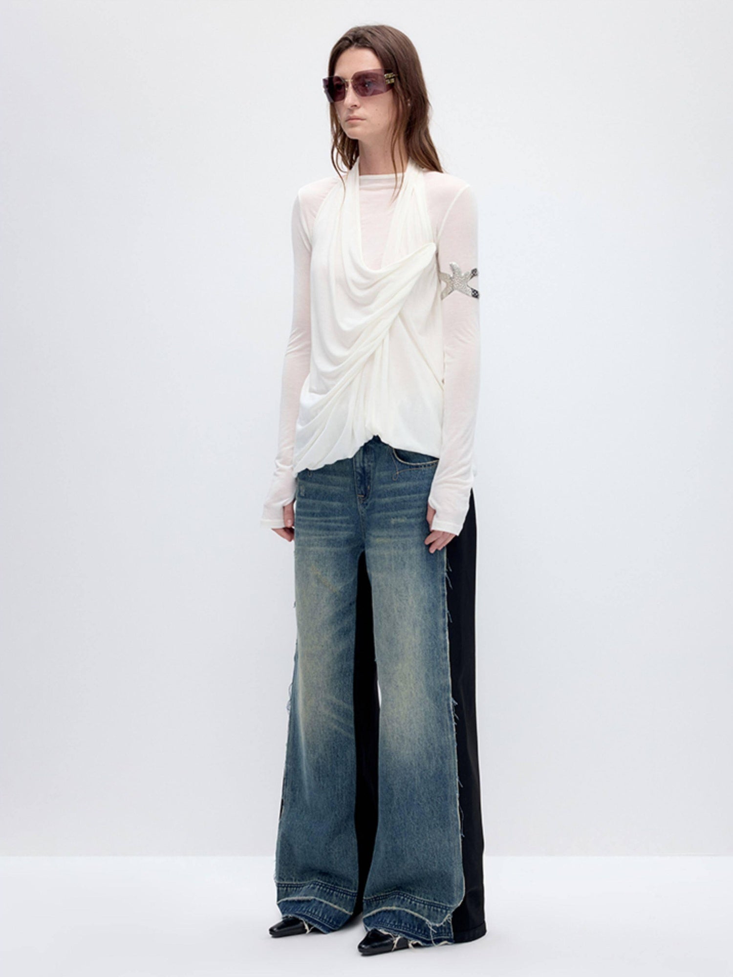 RUN TO THE FUTURE Tencel Wool Blend Pleated Commuter Slim Solid Milk White Long Sleeve T-Shirts