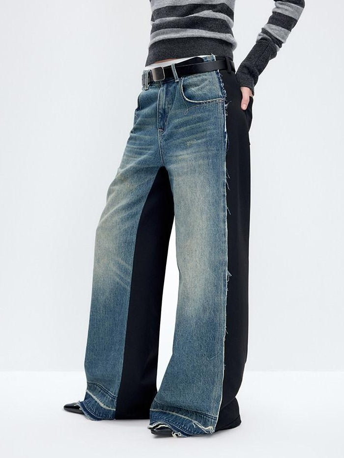 RUN TO THE FUTURE Washed Low Rise Wide Leg Loose Blue Black Denim Zipper Fly Straight Jeans