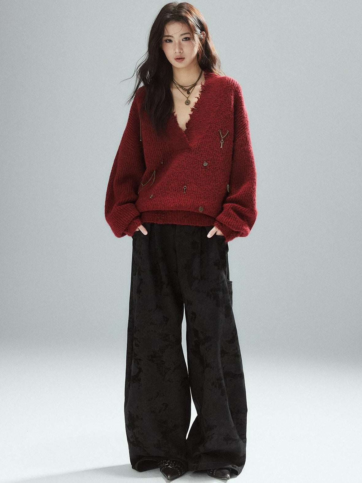 Low pixel Warm Oversized Street Raw Hem Women V-neck Red Pullover Sweaters