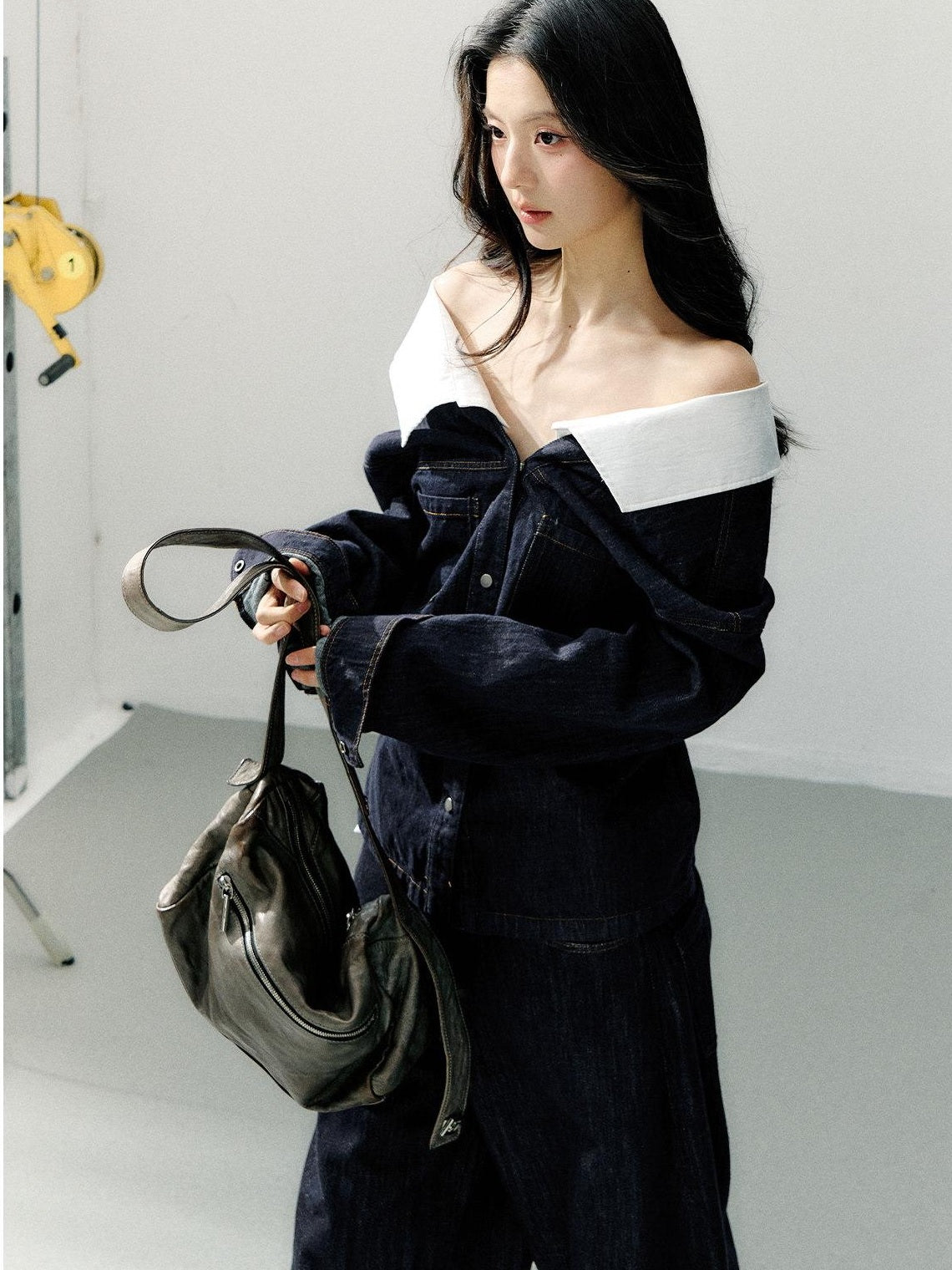 7Shiftin Cotton One Shoulder Casual Relaxed Long Sleeve Cropped Button Deep Blue Blouses