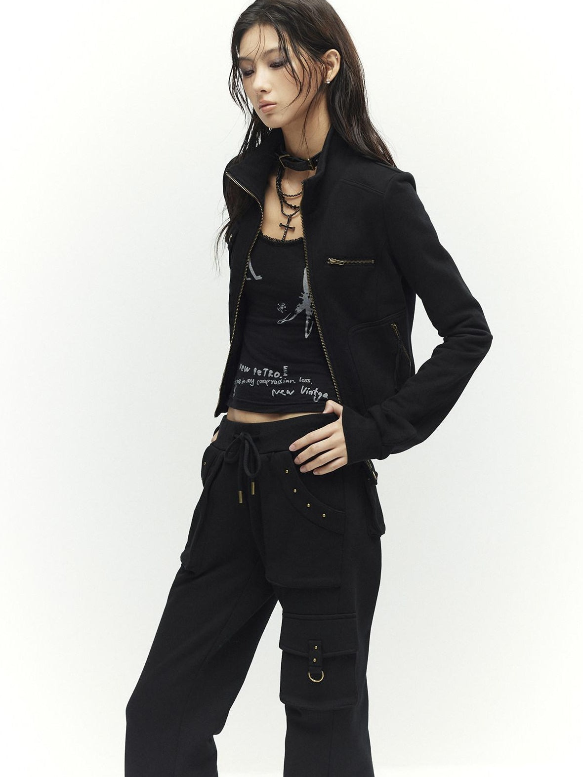 Low pixel Studded Slim Fit Zip Front Stand Collar Thick Cotton Black Top & Pants Sets