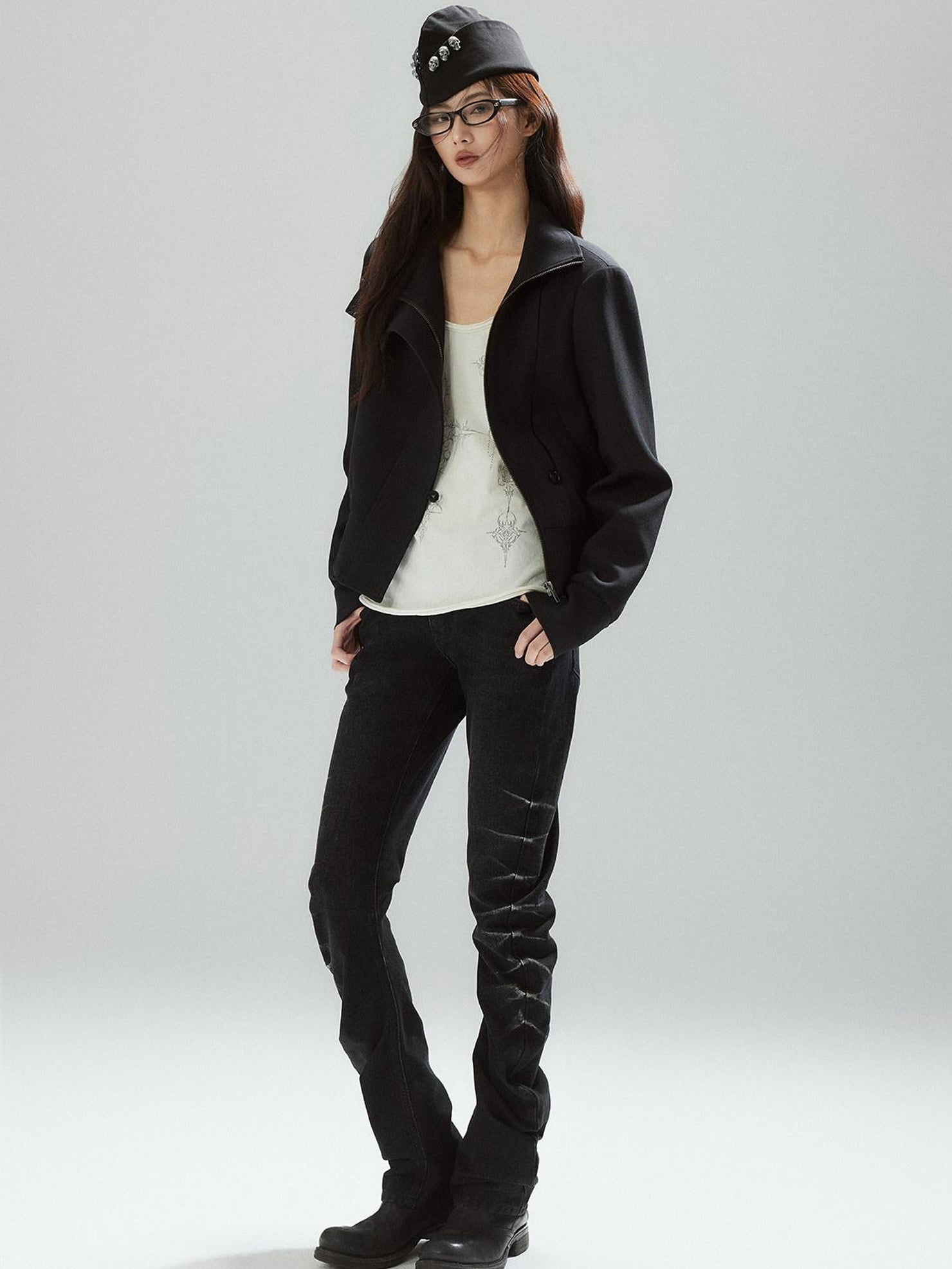 Low pixel Pleated Low Rise Black Micro Stretch Street Slim Everyday Straight Leg Jeans