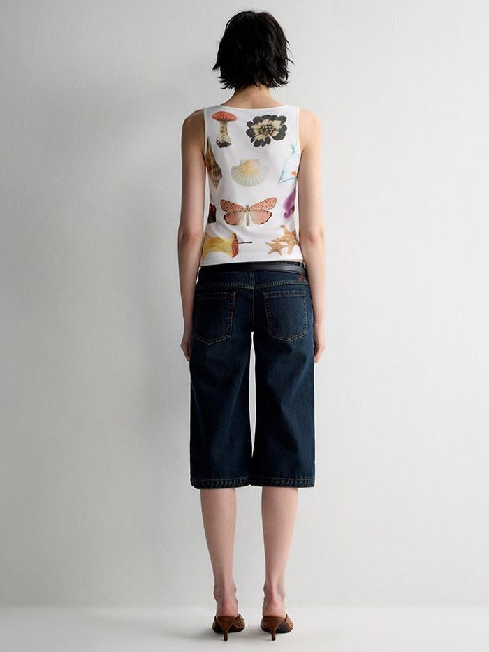 RUN TO THE FUTURE Original Print Asymmetrical Slim Fit Tencel Cropped Animal Women White Tank Tops