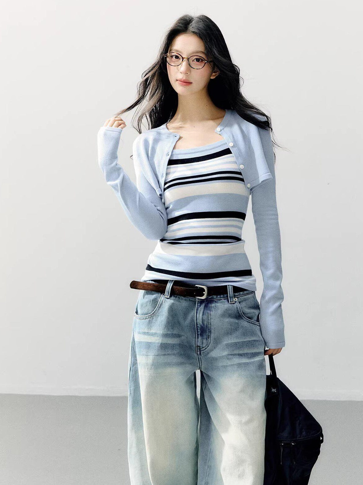7Shiftin Breathable Striped Two Piece Cardigan Pullover Women Casual Long Sleeve T-Shirts