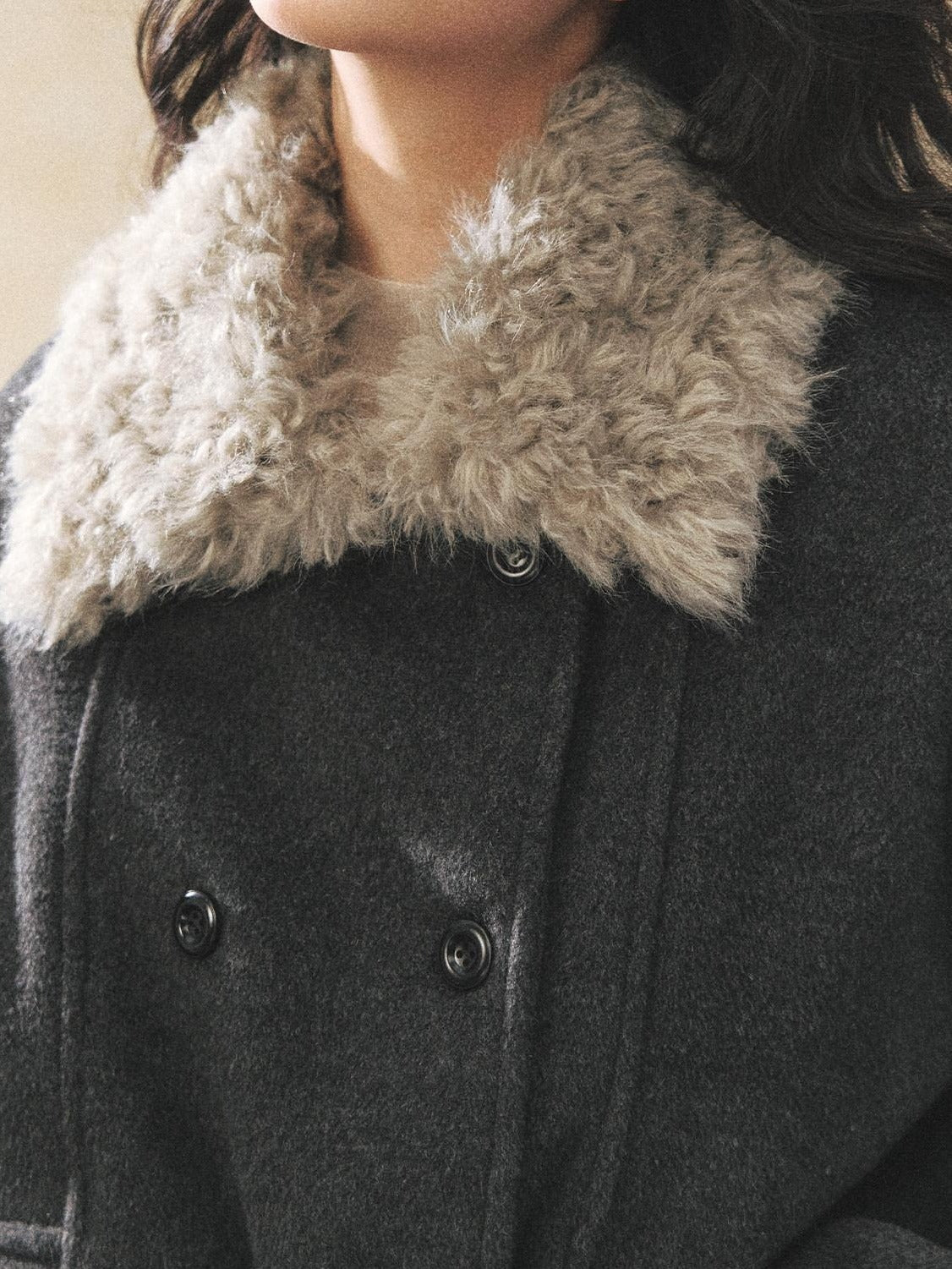 7Shiftin Warm Faux Fur Trim Casual Waist Double Breasted Women Deep Gray Short Coat