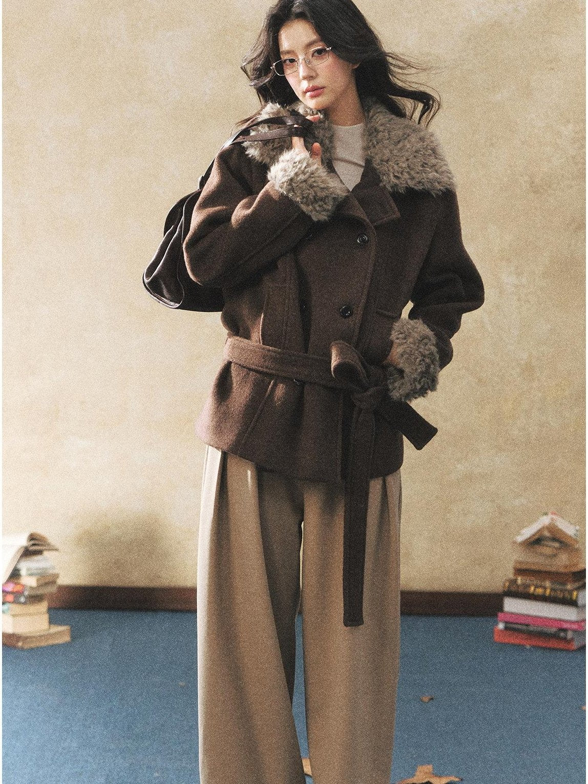 7Shiftin Warm Waist Cinched Casual Mid Length Fur Collar Double Breasted Brown Coats