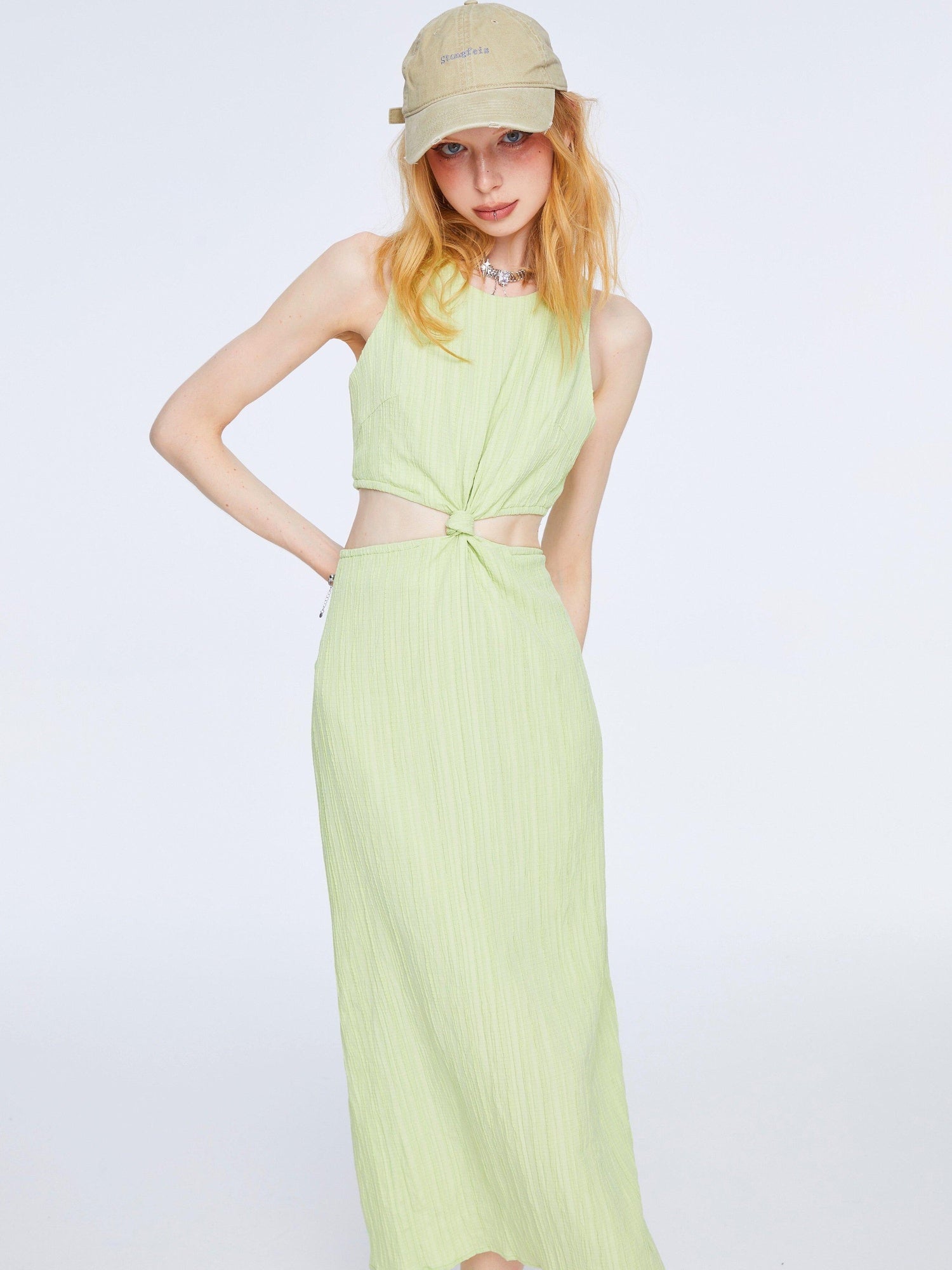 The NeverMore High Waist Pleated Street A Line Sleeveless Women Green Maxi Dresses